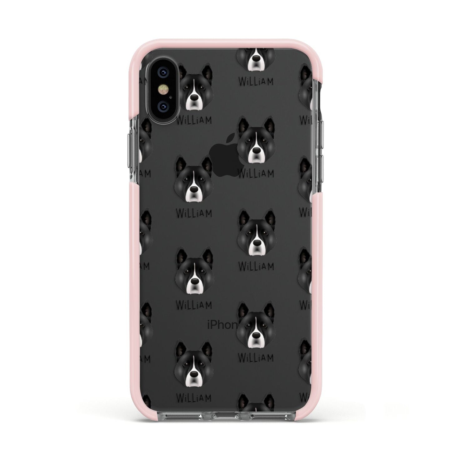 Akita Icon with Name Apple iPhone Xs Impact Case Pink Edge on Black Phone