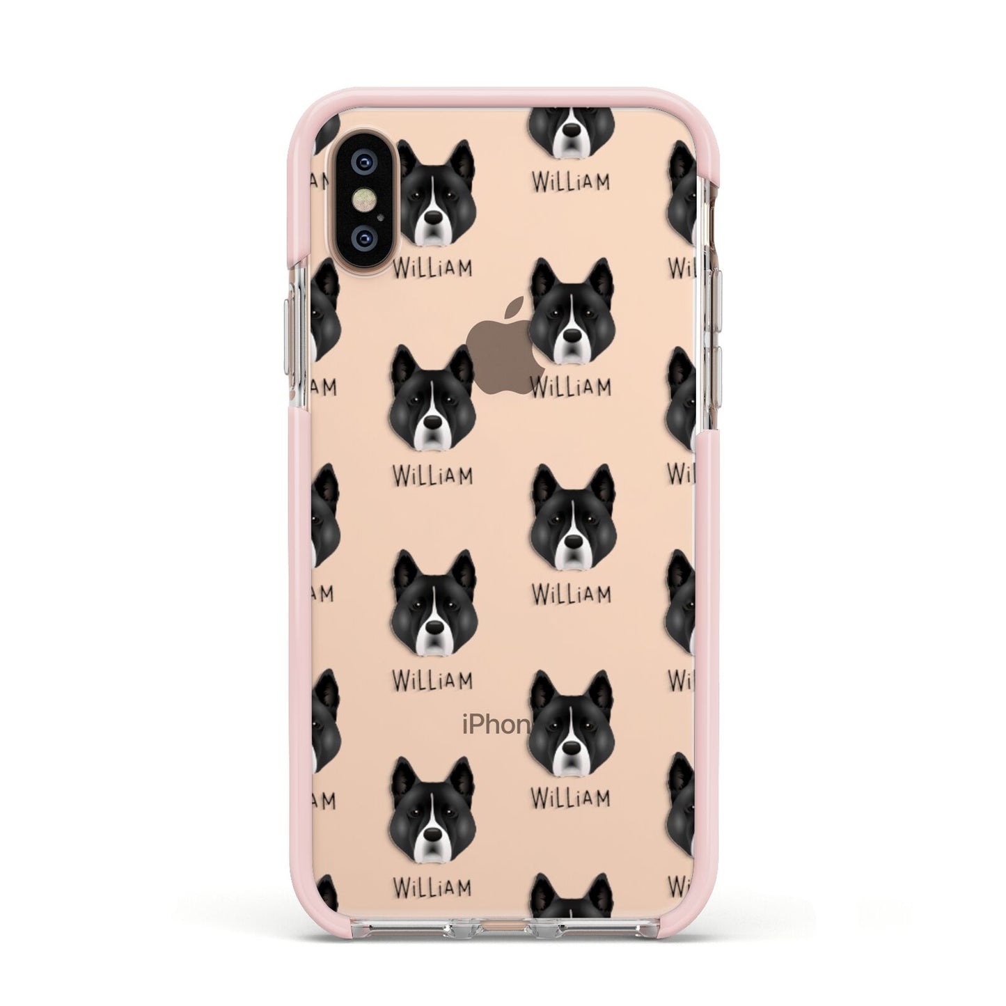 Akita Icon with Name Apple iPhone Xs Impact Case Pink Edge on Gold Phone