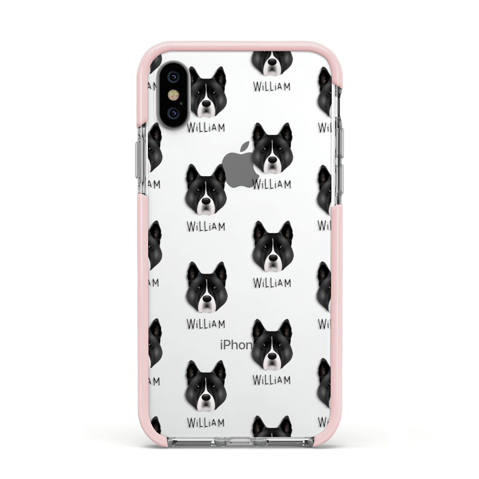 Akita Icon with Name Apple iPhone Xs Impact Case Pink Edge on Silver Phone
