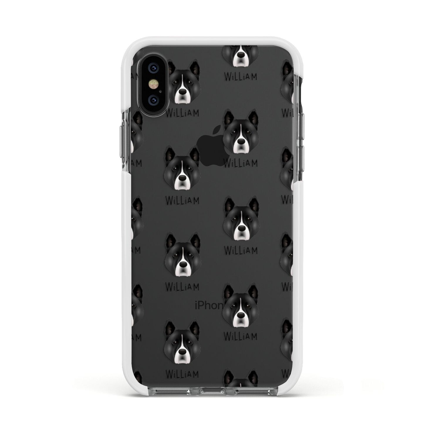 Akita Icon with Name Apple iPhone Xs Impact Case White Edge on Black Phone
