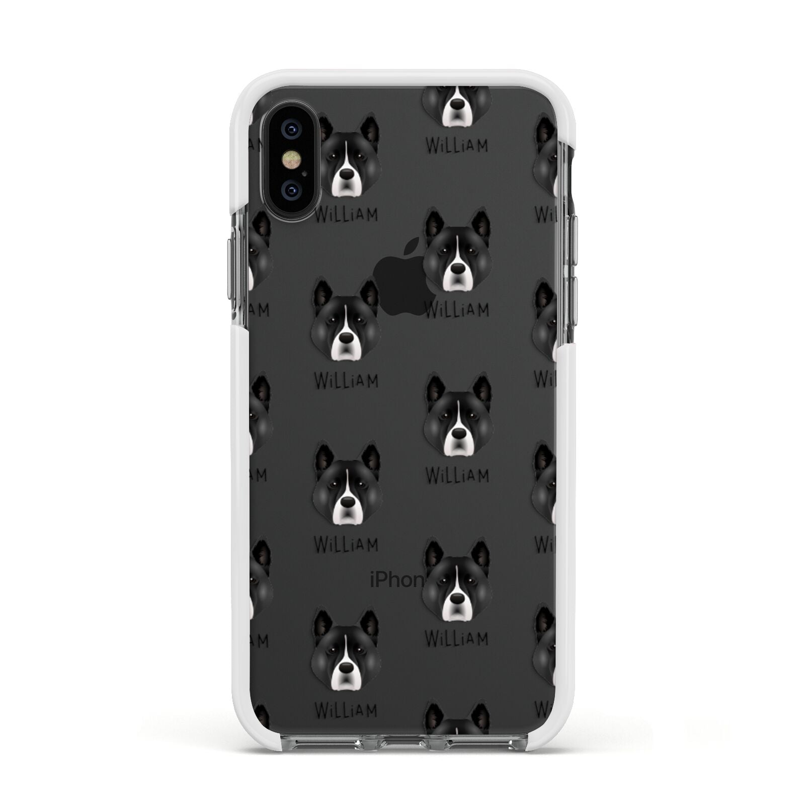 Akita Icon with Name Apple iPhone Xs Impact Case White Edge on Black Phone