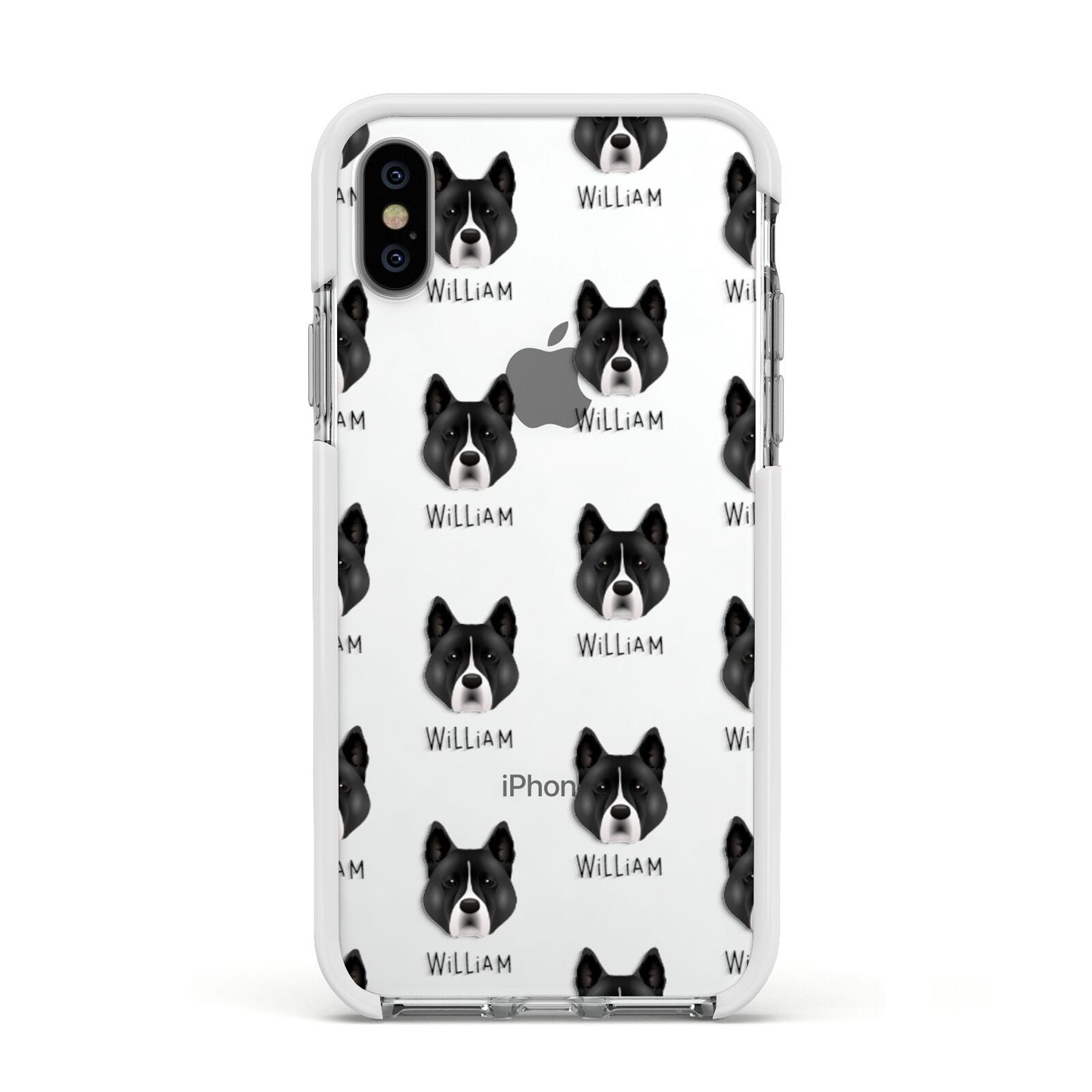 Akita Icon with Name Apple iPhone Xs Impact Case White Edge on Silver Phone