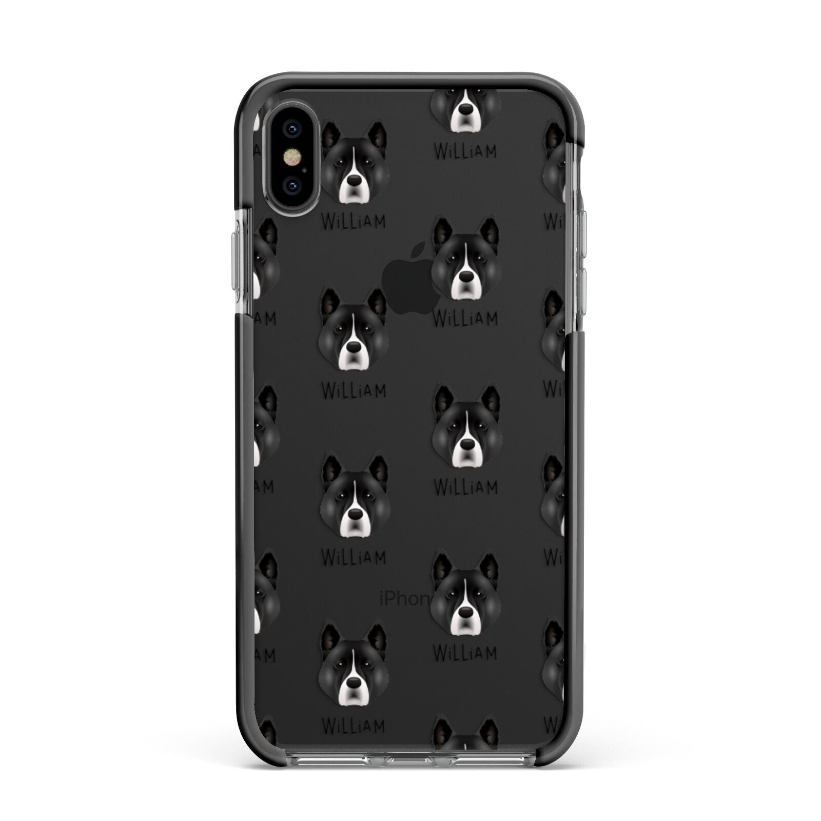 Akita Icon with Name Apple iPhone Xs Max Impact Case Black Edge on Black Phone