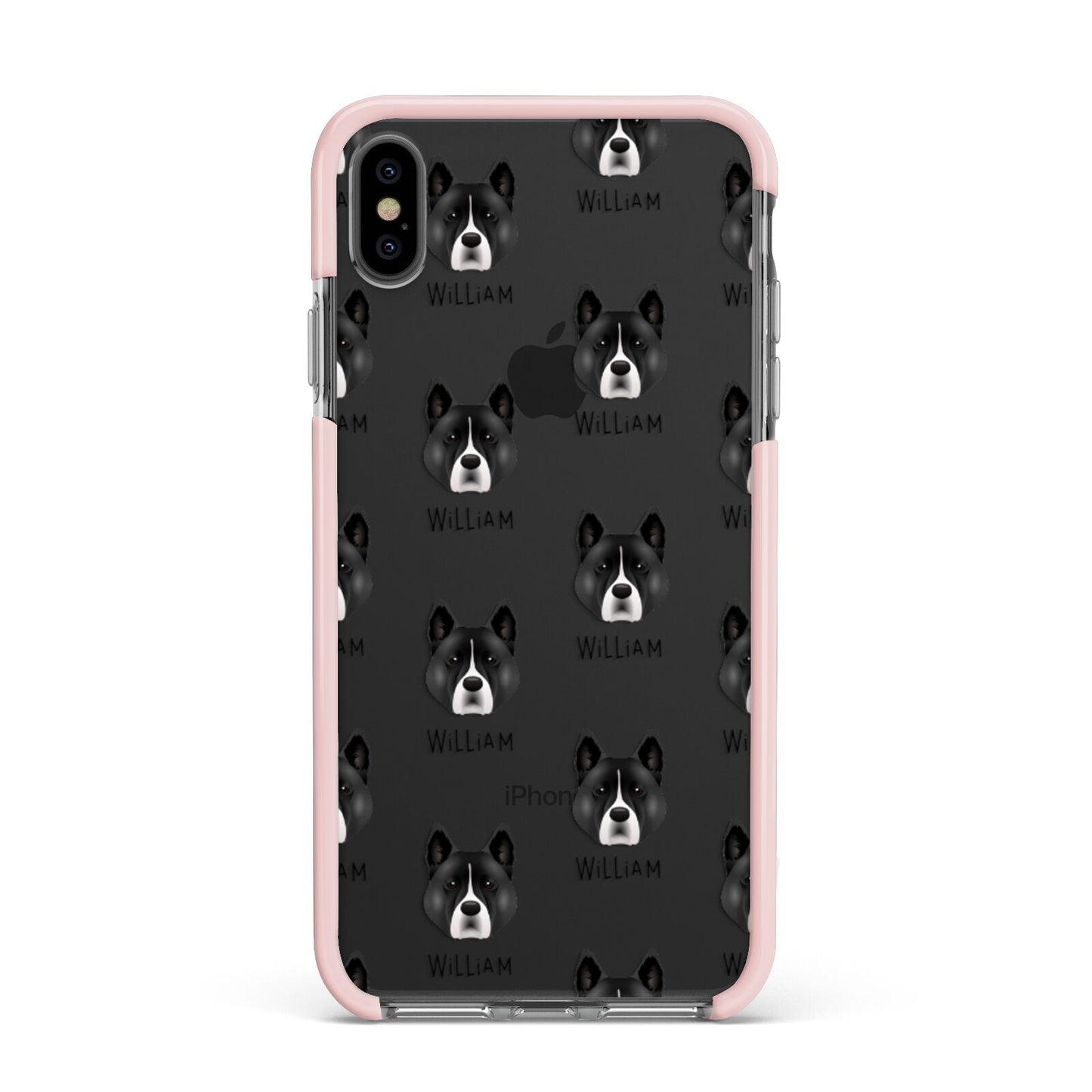 Akita Icon with Name Apple iPhone Xs Max Impact Case Pink Edge on Black Phone