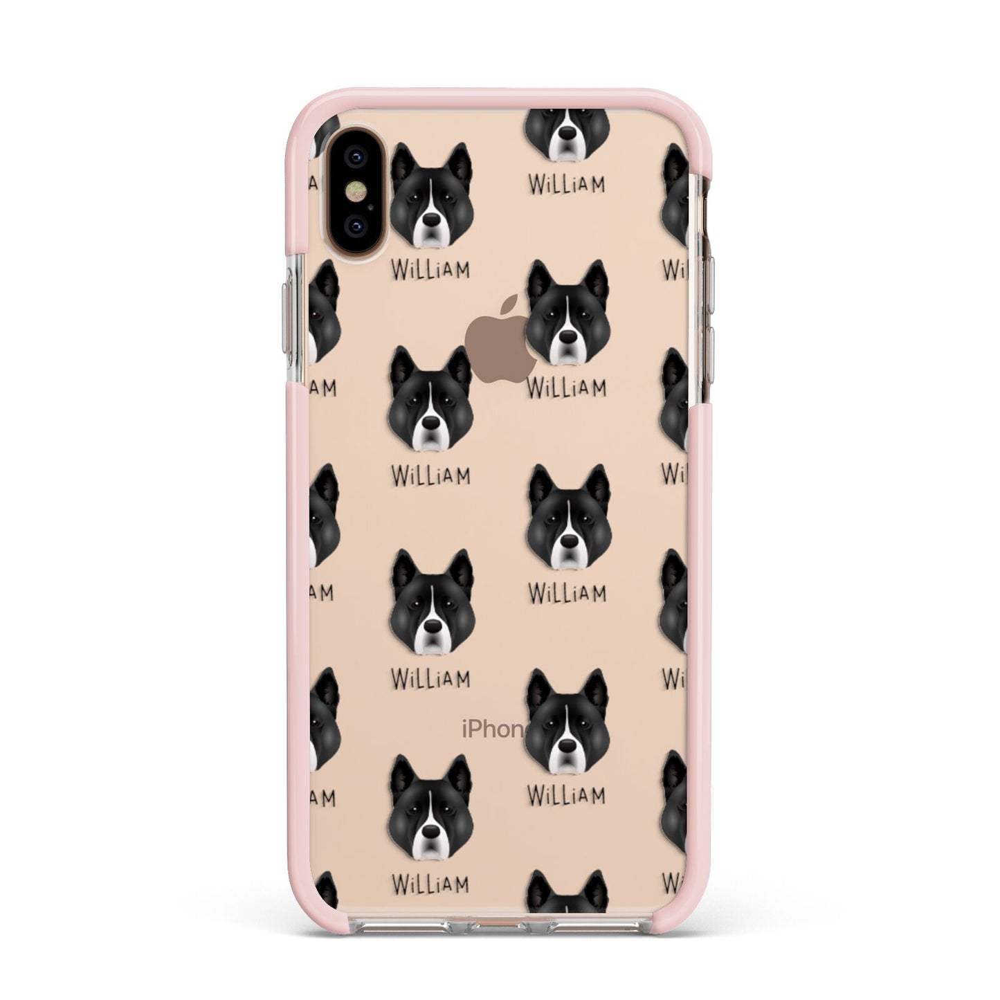 Akita Icon with Name Apple iPhone Xs Max Impact Case Pink Edge on Gold Phone