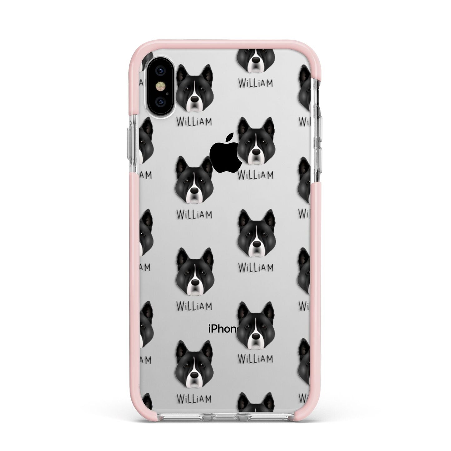 Akita Icon with Name Apple iPhone Xs Max Impact Case Pink Edge on Silver Phone