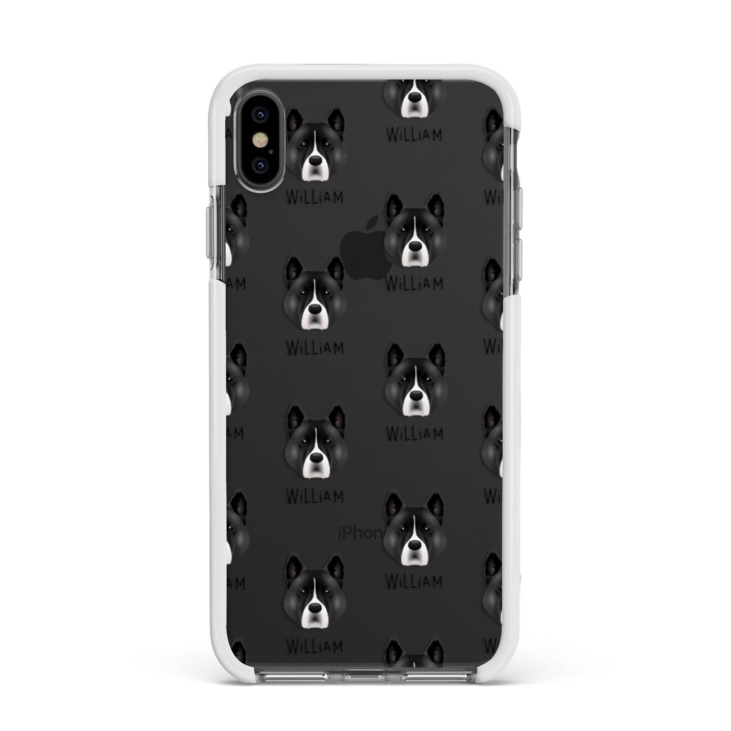 Akita Icon with Name Apple iPhone Xs Max Impact Case White Edge on Black Phone