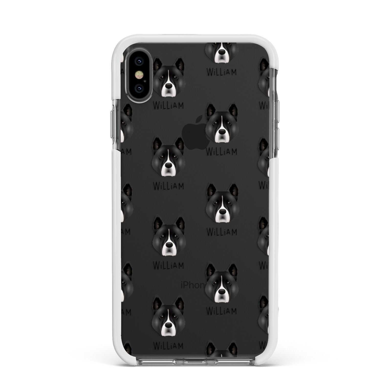 Akita Icon with Name Apple iPhone Xs Max Impact Case White Edge on Black Phone