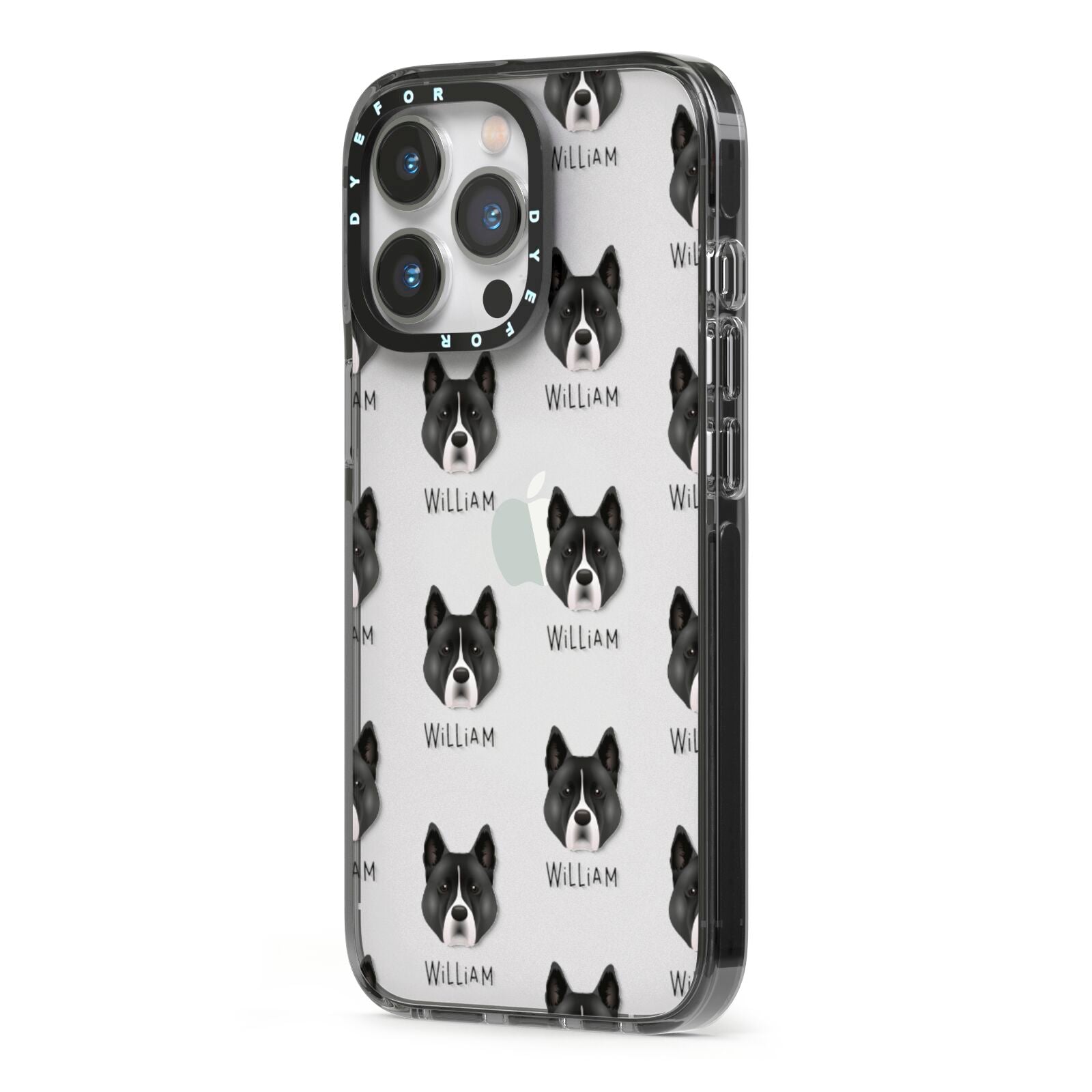 Akita Icon with Name iPhone 13 Pro Black Impact Case Side Angle on Silver phone