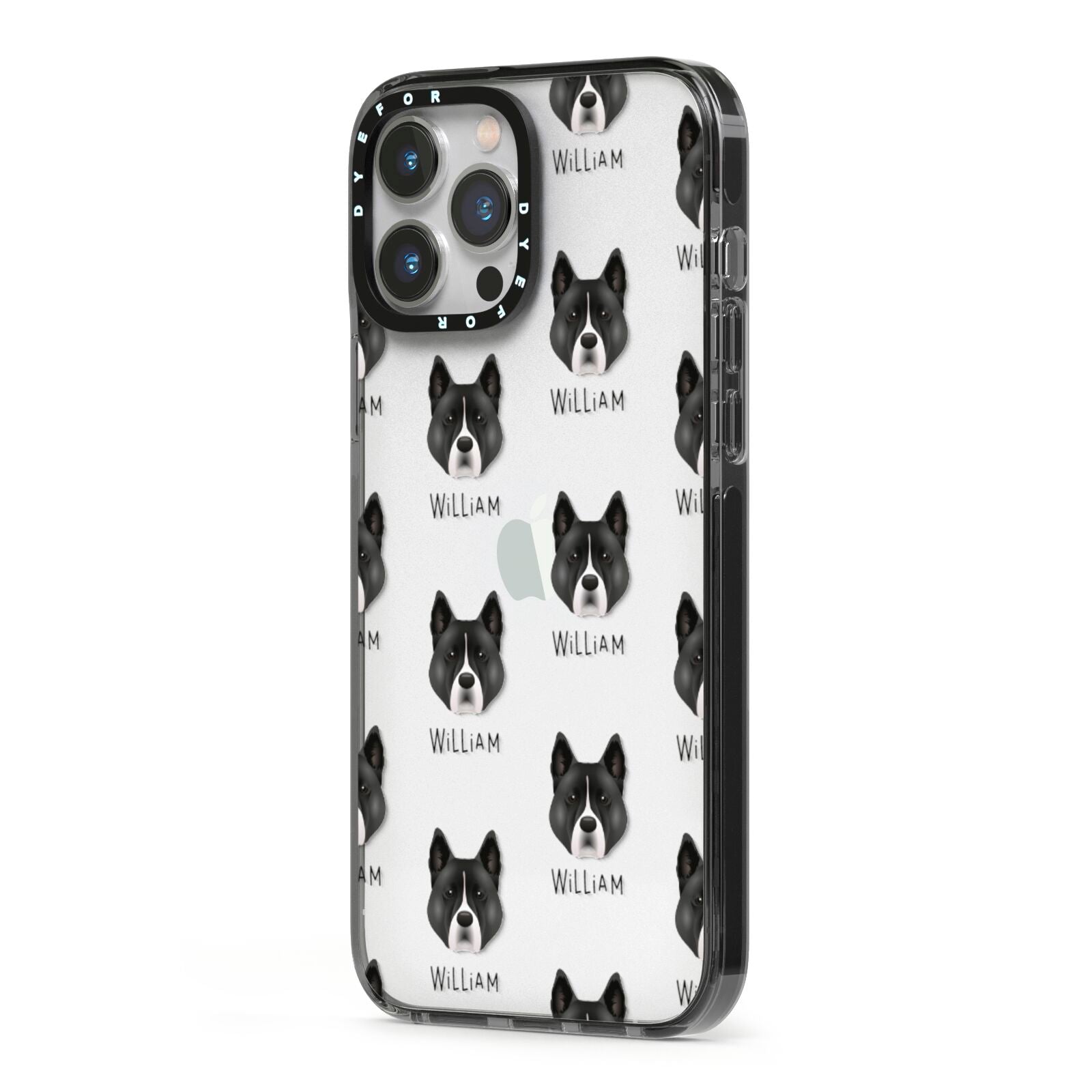 Akita Icon with Name iPhone 13 Pro Max Black Impact Case Side Angle on Silver phone