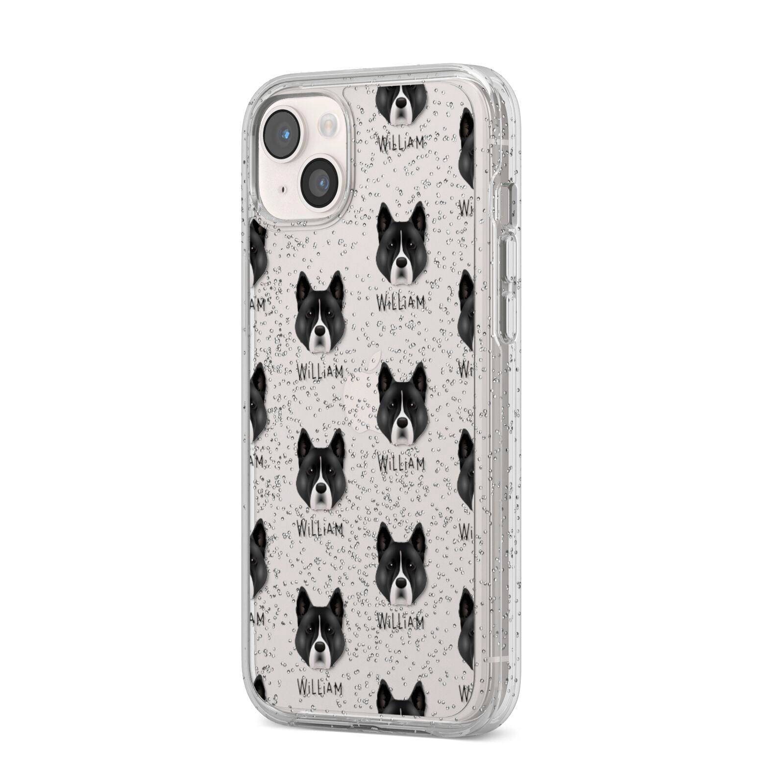 Akita Icon with Name iPhone 14 Plus Glitter Tough Case Starlight Angled Image