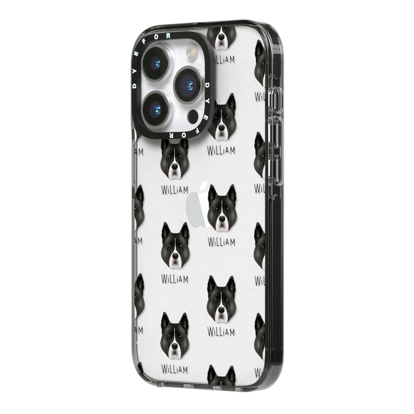 Akita Icon with Name iPhone 14 Pro Black Impact Case Side Angle on Silver phone