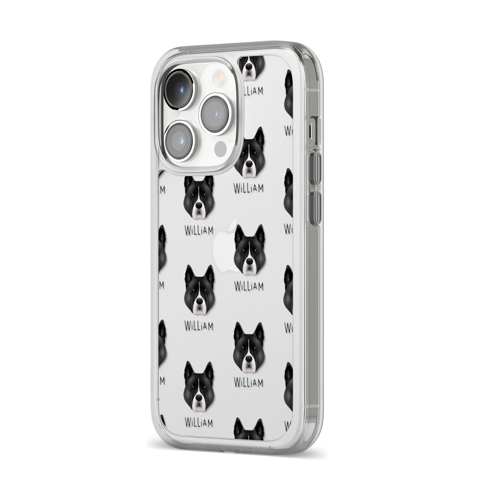 Akita Icon with Name iPhone 14 Pro Clear Tough Case Silver Angled Image