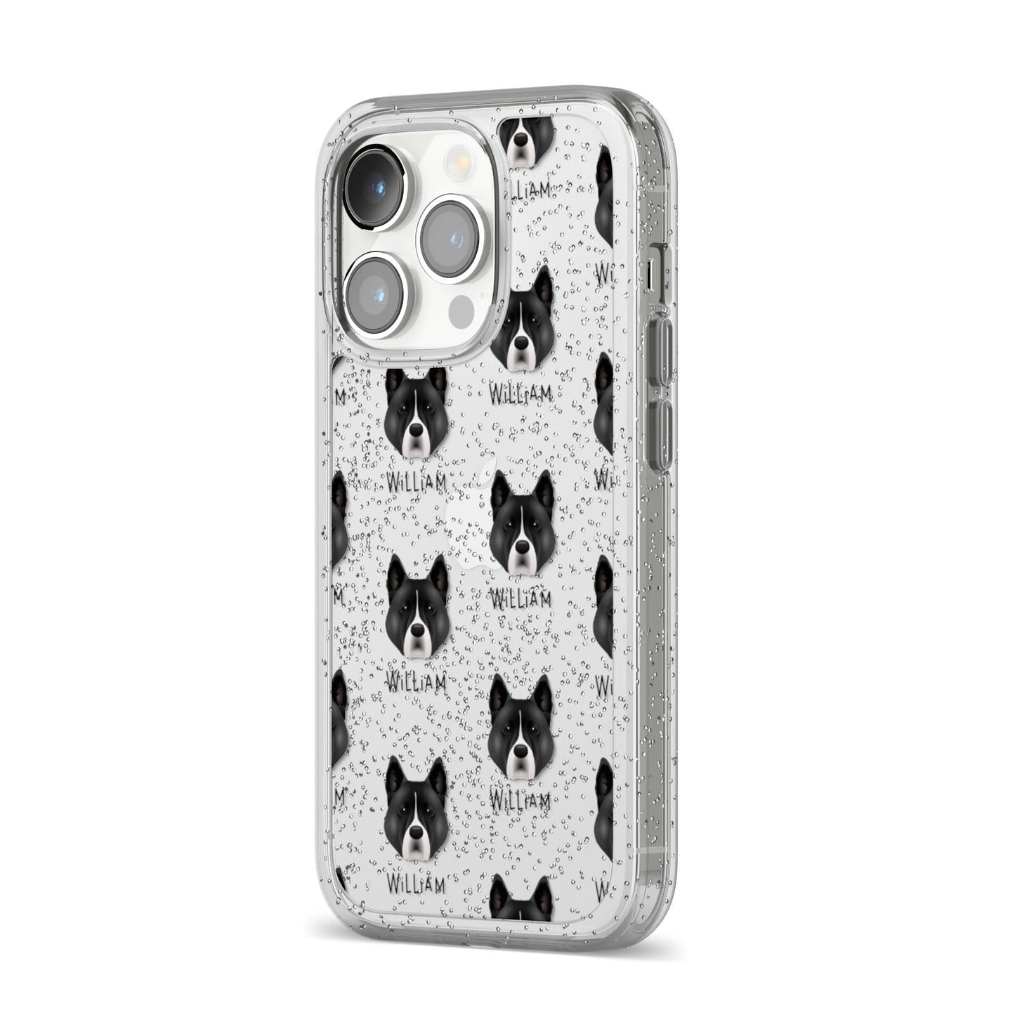 Akita Icon with Name iPhone 14 Pro Glitter Tough Case Silver Angled Image