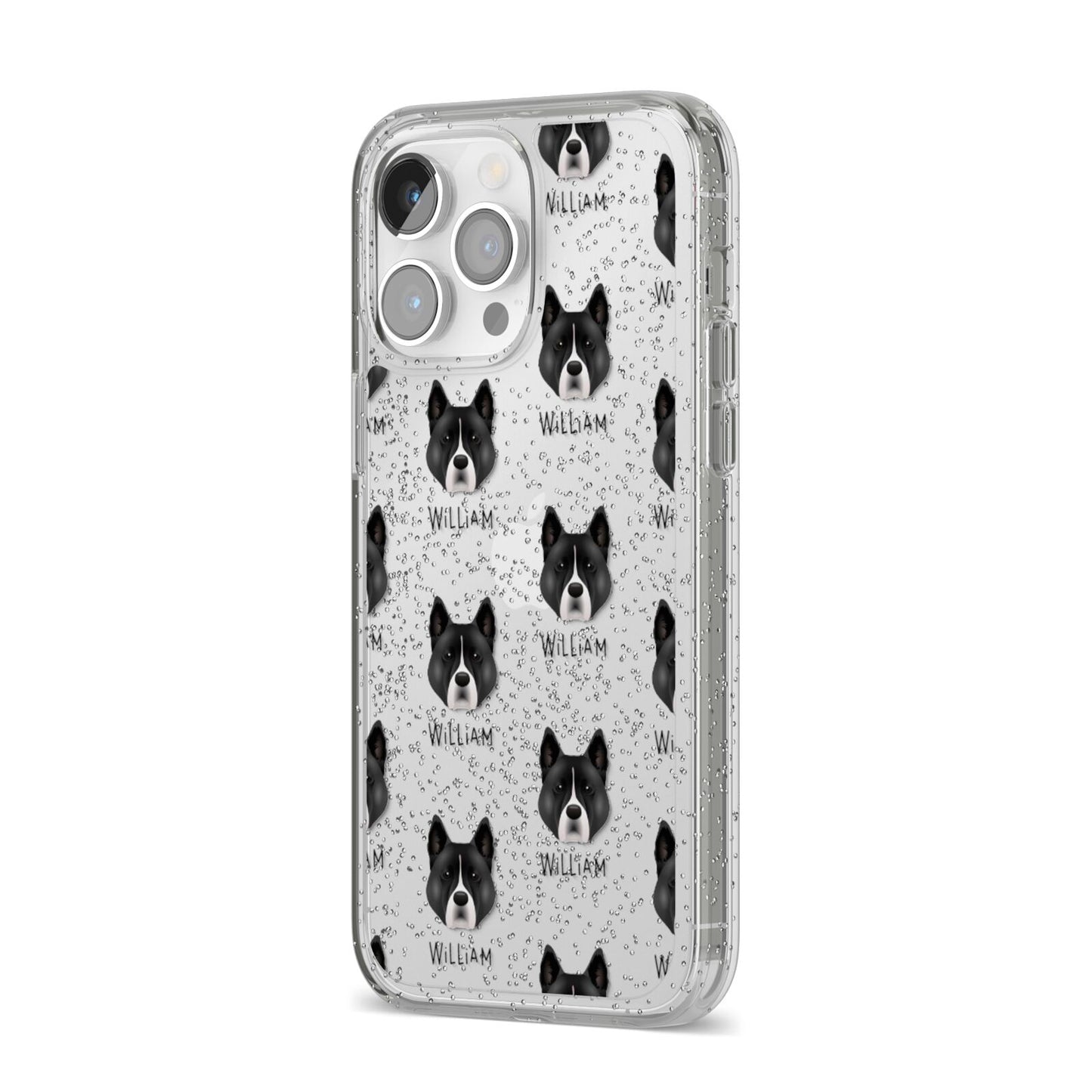Akita Icon with Name iPhone 14 Pro Max Glitter Tough Case Silver Angled Image