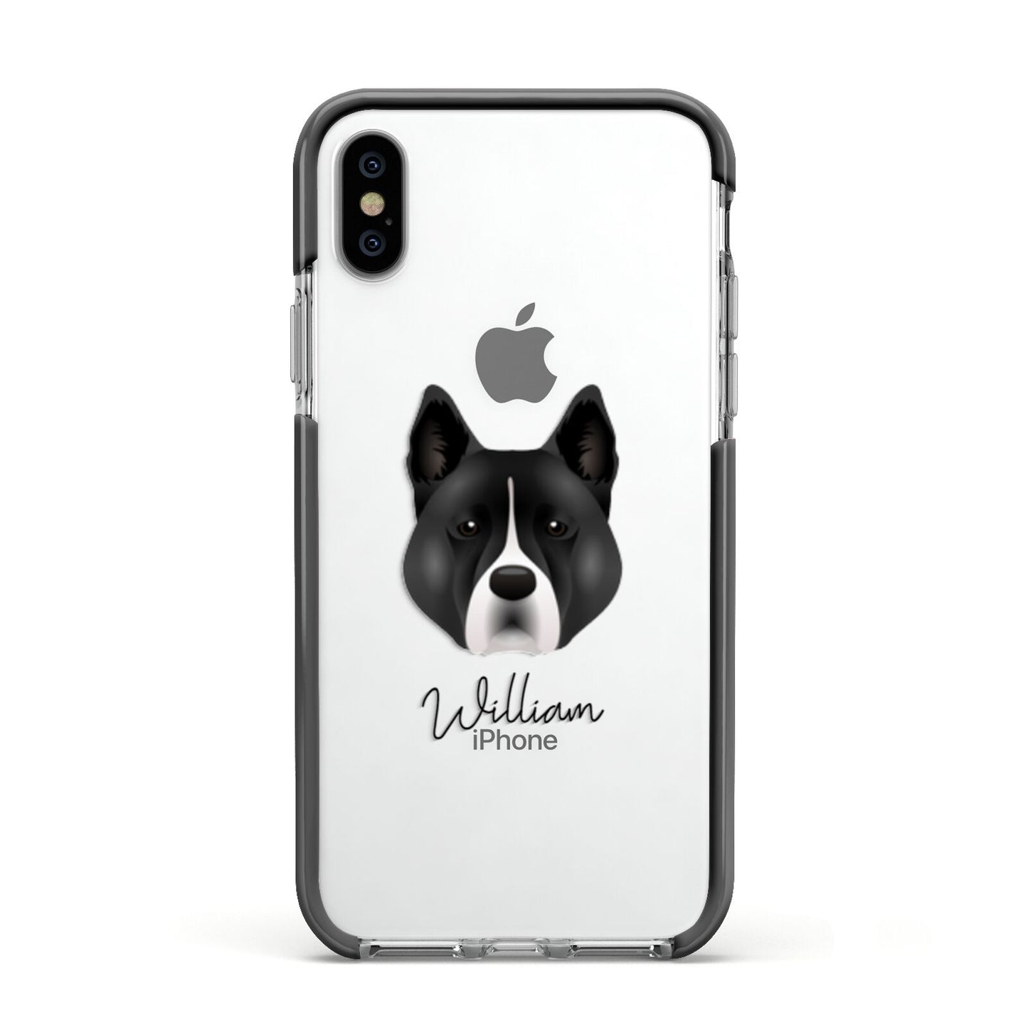Akita Personalised Apple iPhone Xs Impact Case Black Edge on Silver Phone