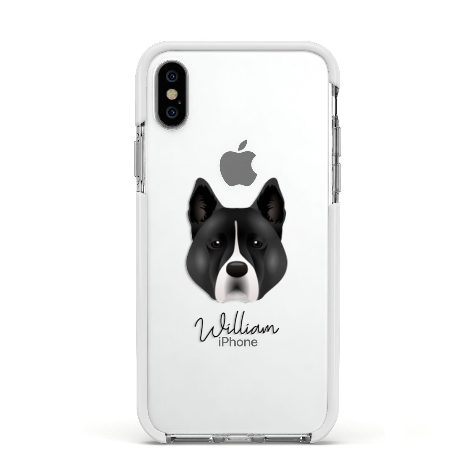 Akita Personalised Apple iPhone Xs Impact Case White Edge on Silver Phone