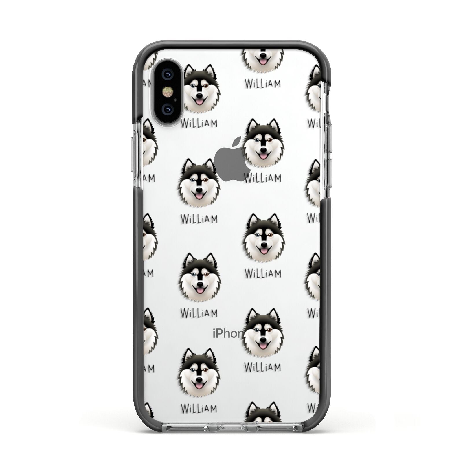 Alaskan Klee Kai Icon with Name Apple iPhone Xs Impact Case Black Edge on Silver Phone