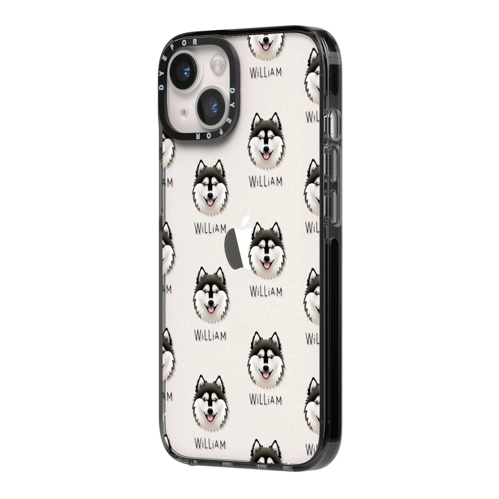 Alaskan Klee Kai Icon with Name iPhone 14 Black Impact Case Side Angle on Silver phone