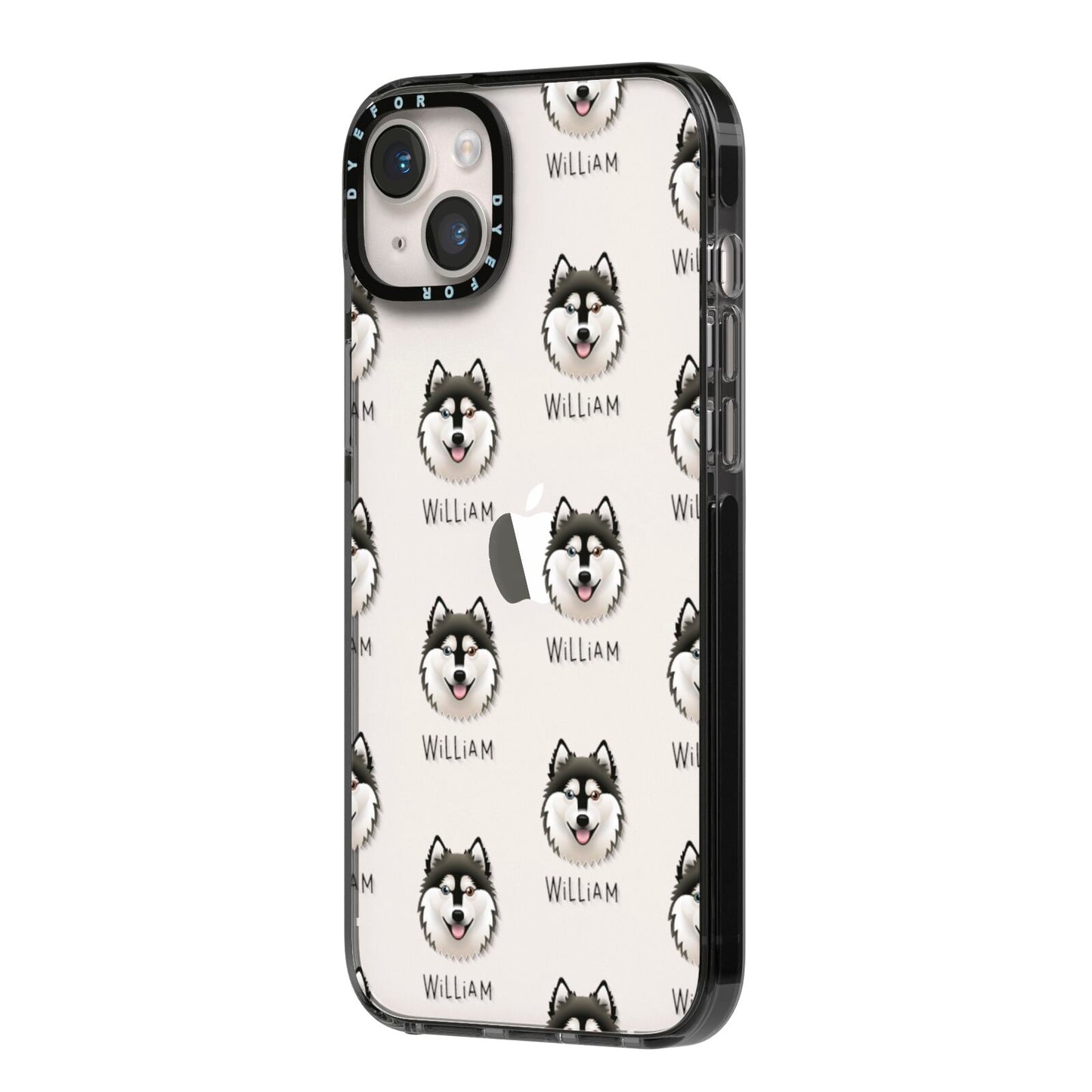Alaskan Klee Kai Icon with Name iPhone 14 Plus Black Impact Case Side Angle on Silver phone