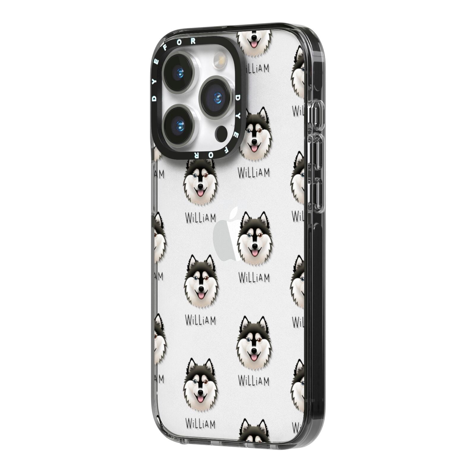 Alaskan Klee Kai Icon with Name iPhone 14 Pro Black Impact Case Side Angle on Silver phone