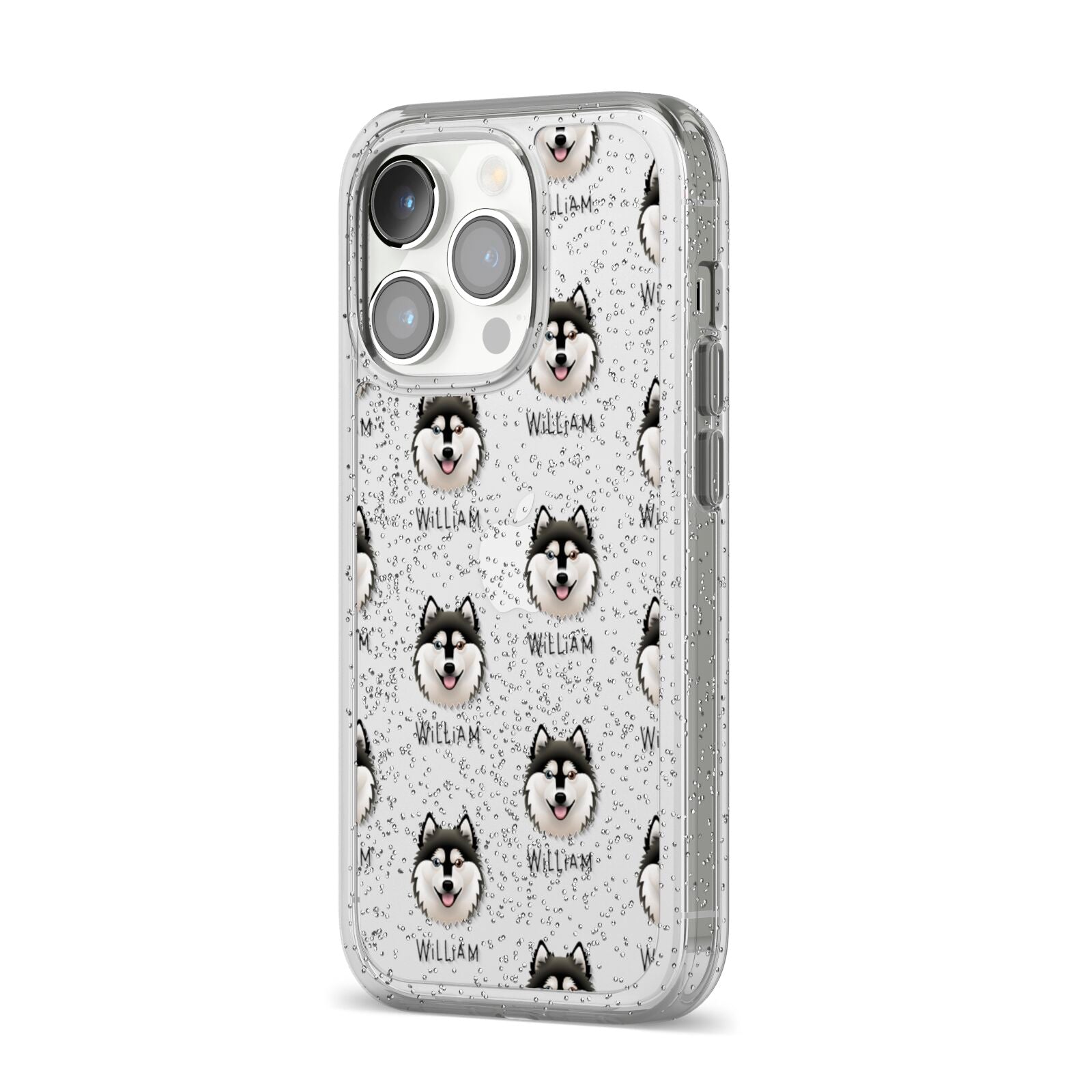 Alaskan Klee Kai Icon with Name iPhone 14 Pro Glitter Tough Case Silver Angled Image