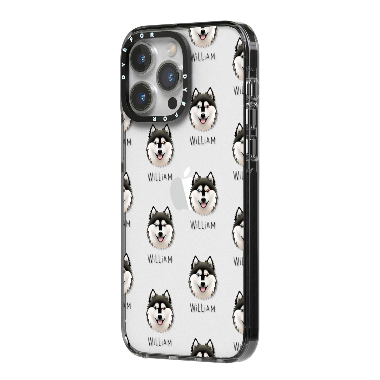 Alaskan Klee Kai Icon with Name iPhone 14 Pro Max Black Impact Case Side Angle on Silver phone