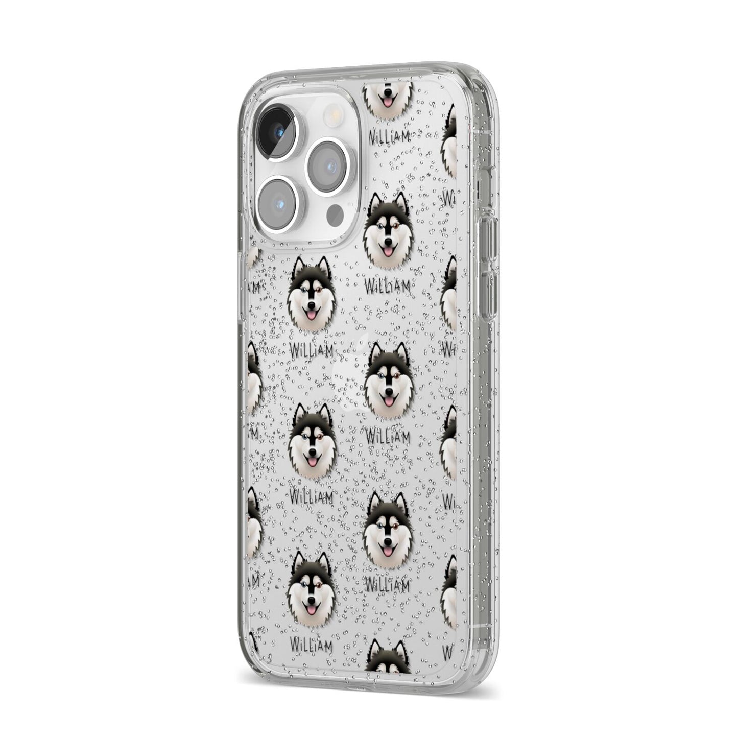 Alaskan Klee Kai Icon with Name iPhone 14 Pro Max Glitter Tough Case Silver Angled Image