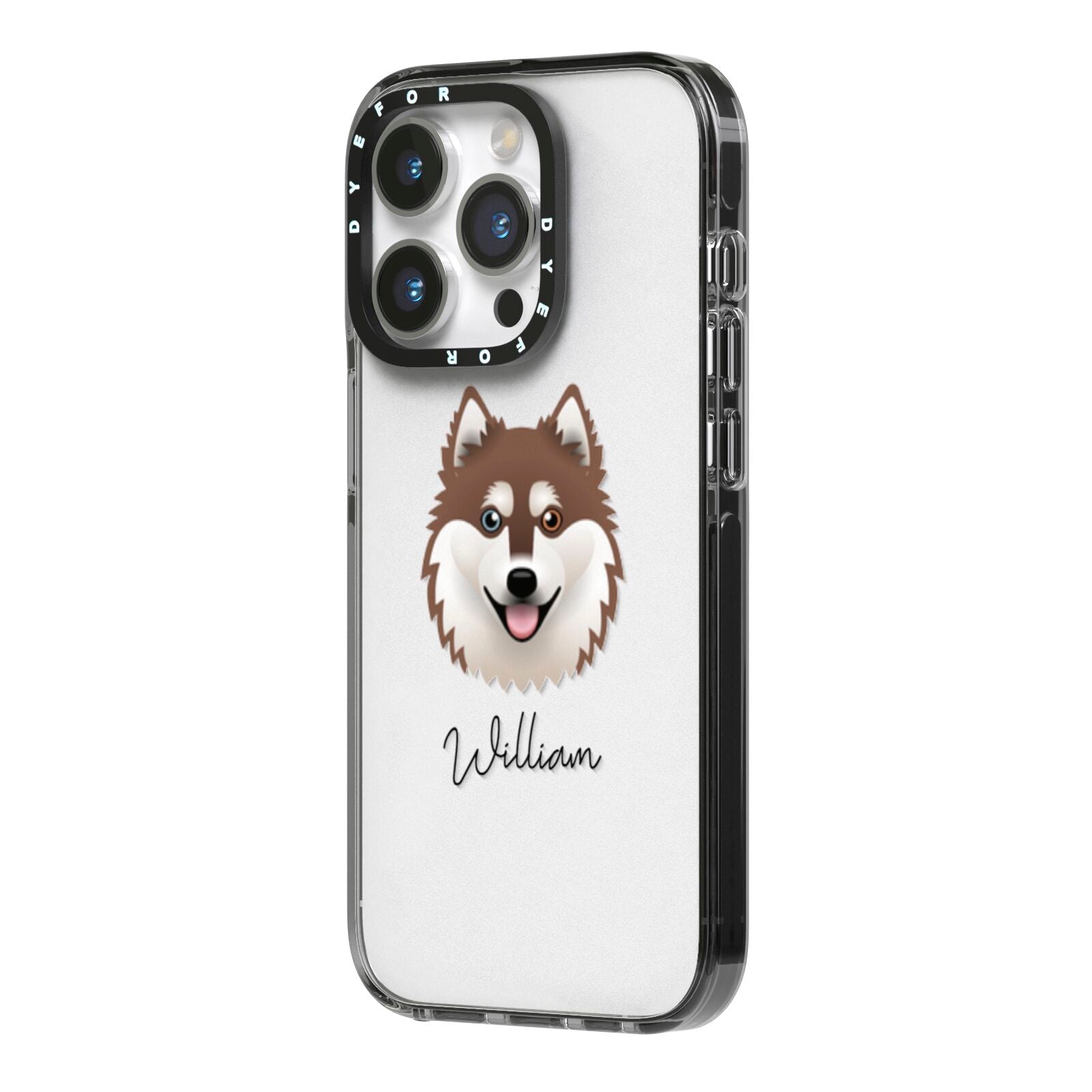 Alaskan Klee Kai Personalised iPhone 14 Pro Black Impact Case Side Angle on Silver phone