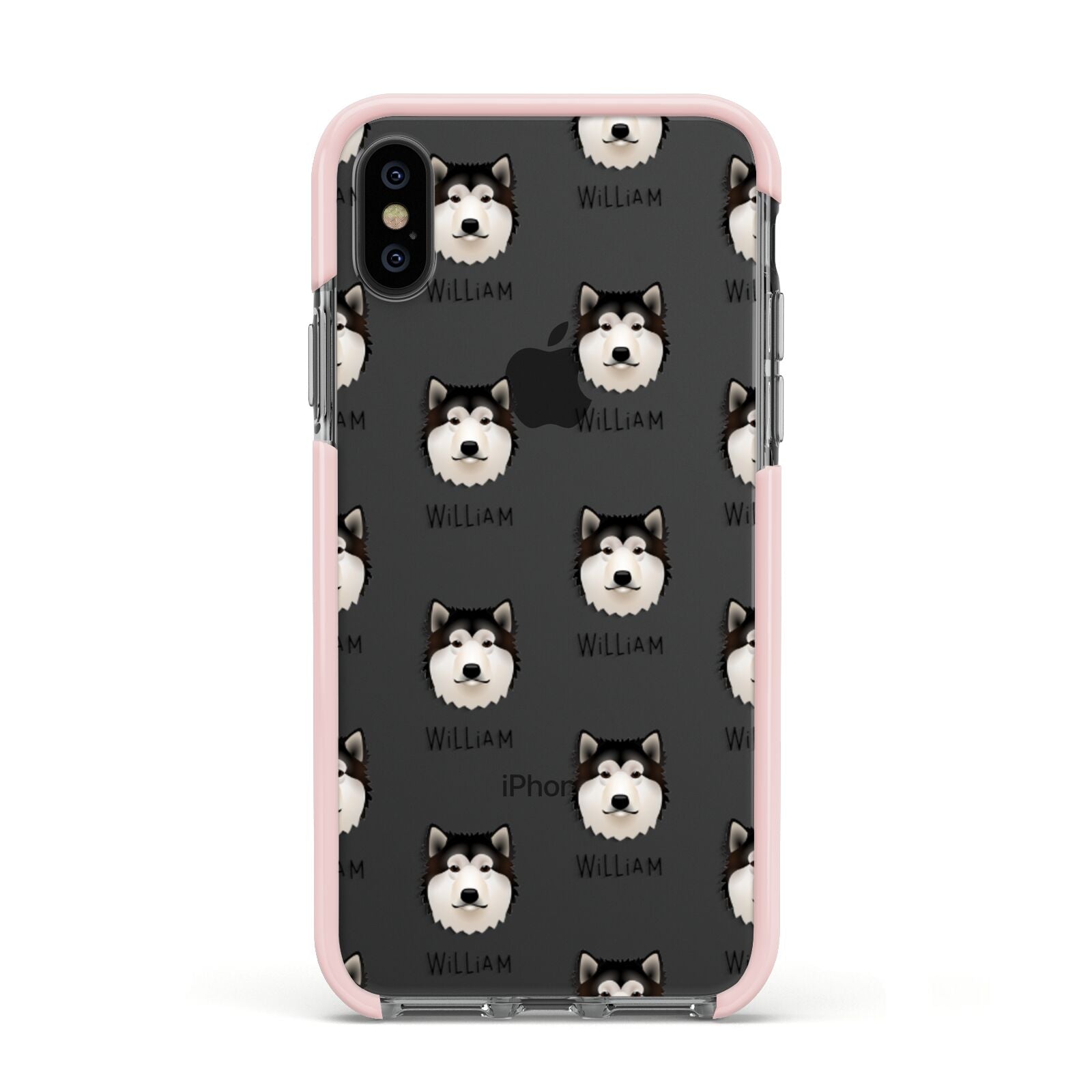 Alaskan Malamute Icon with Name Apple iPhone Xs Impact Case Pink Edge on Black Phone