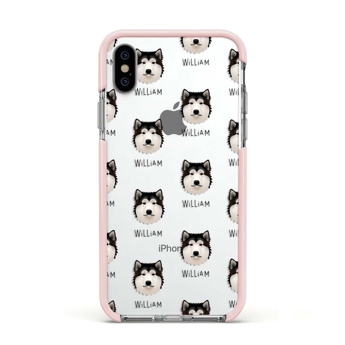 Alaskan Malamute Icon with Name Apple iPhone Xs Impact Case Pink Edge on Silver Phone