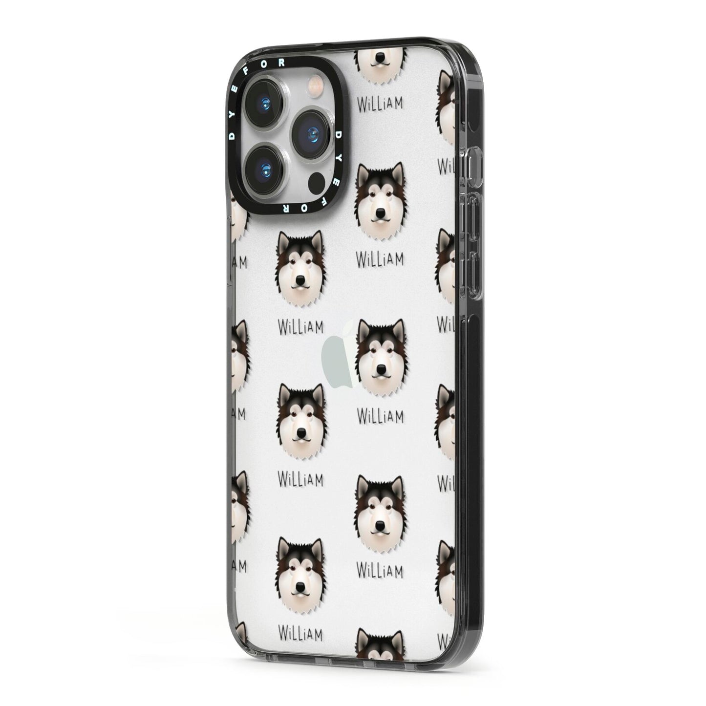 Alaskan Malamute Icon with Name iPhone 13 Pro Max Black Impact Case Side Angle on Silver phone