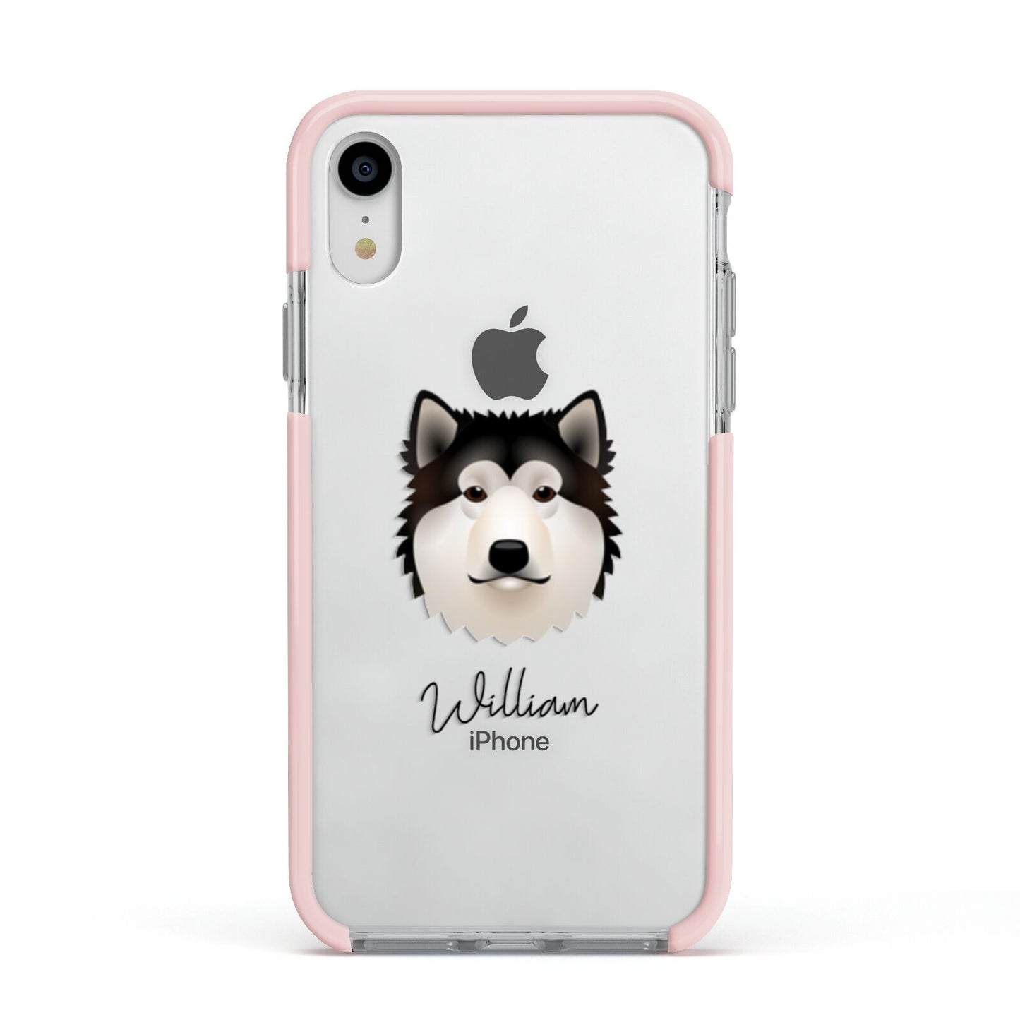 Alaskan Malamute Personalised Apple iPhone XR Impact Case Pink Edge on Silver Phone