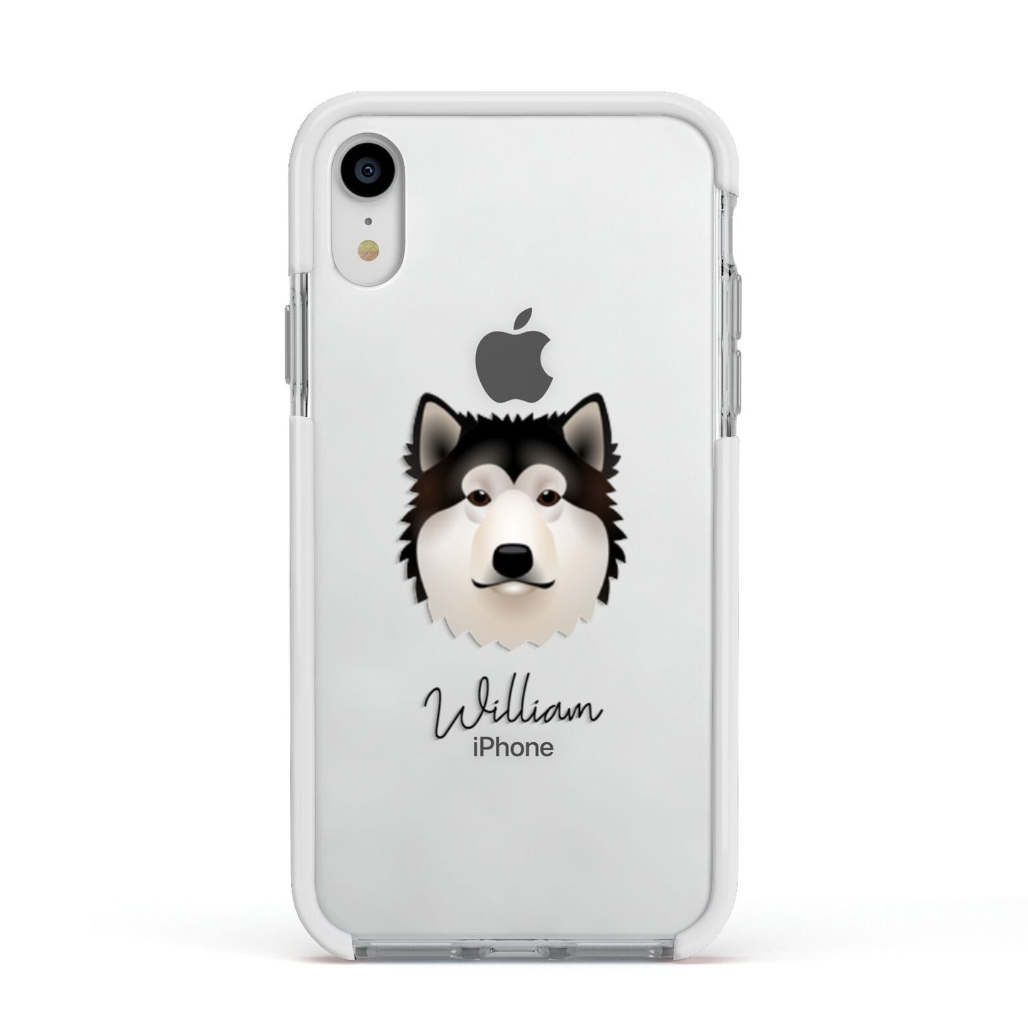 Alaskan Malamute Personalised Apple iPhone XR Impact Case White Edge on Silver Phone