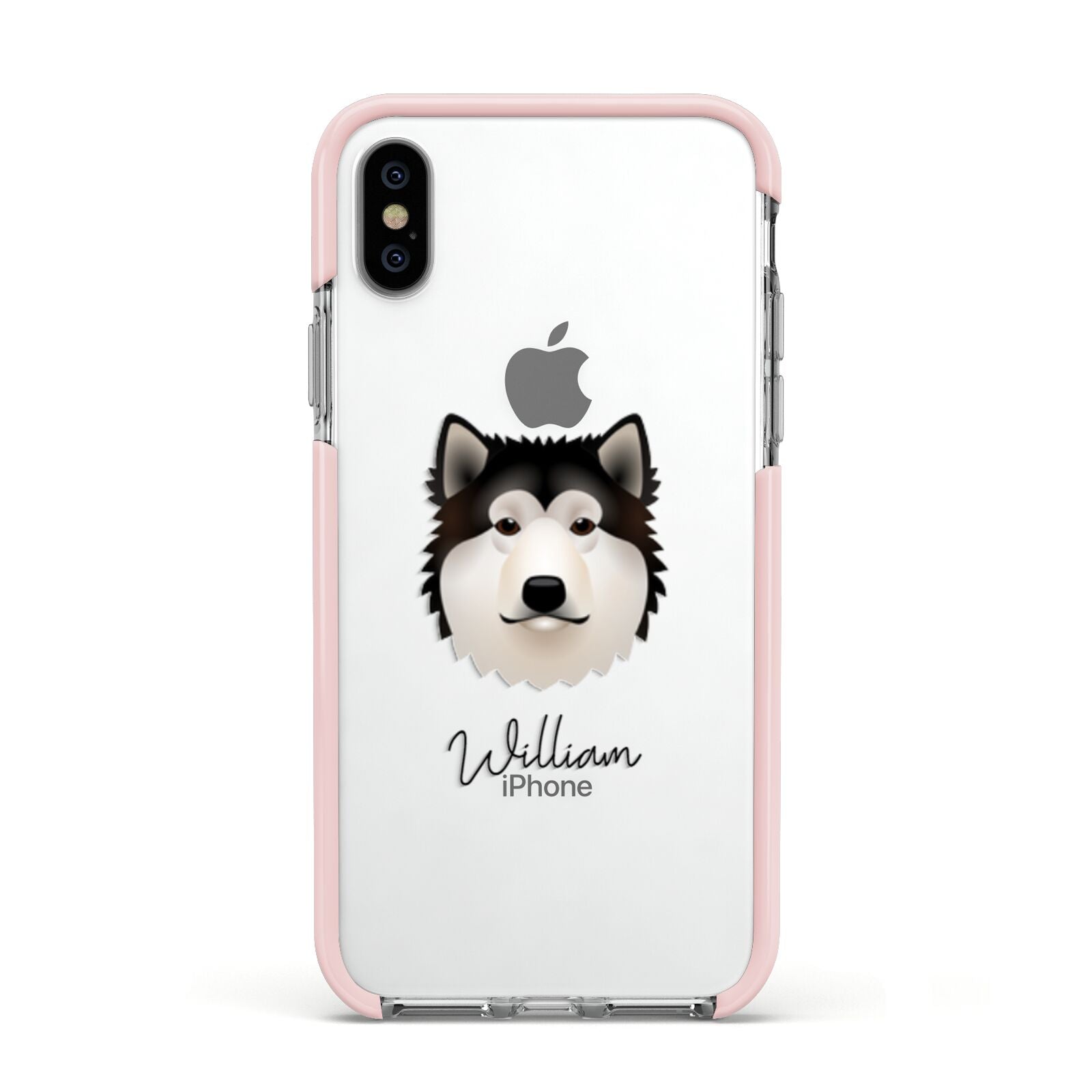 Alaskan Malamute Personalised Apple iPhone Xs Impact Case Pink Edge on Silver Phone