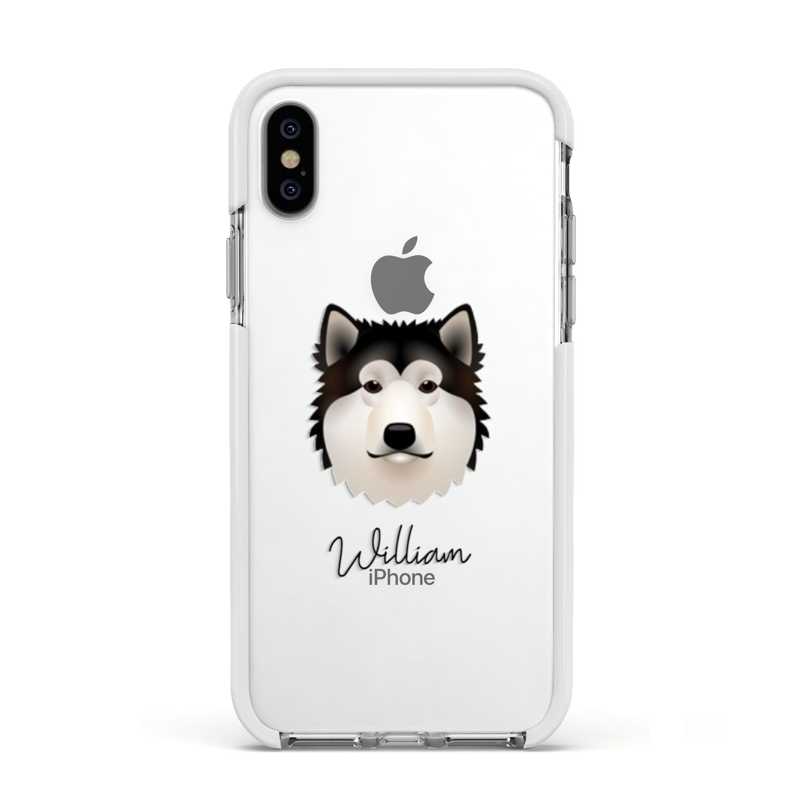 Alaskan Malamute Personalised Apple iPhone Xs Impact Case White Edge on Silver Phone