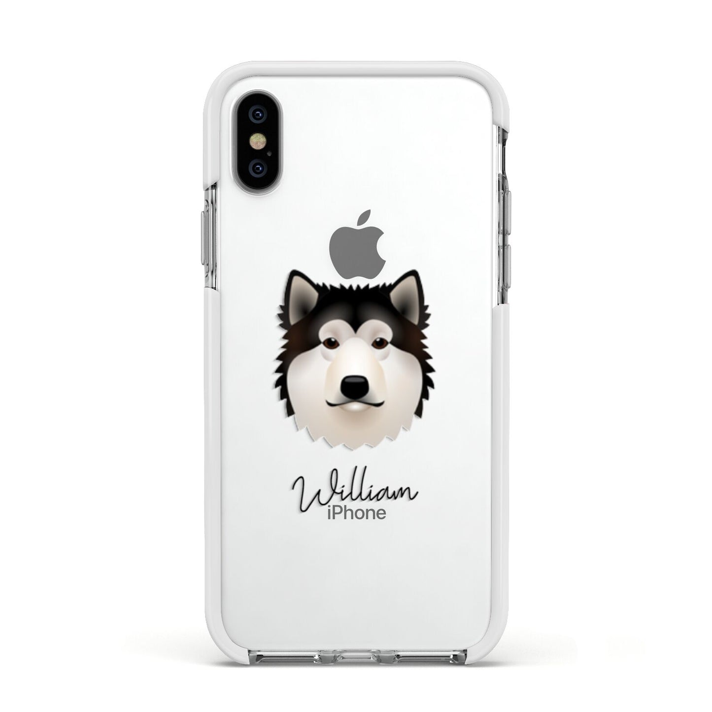 Alaskan Malamute Personalised Apple iPhone Xs Impact Case White Edge on Silver Phone