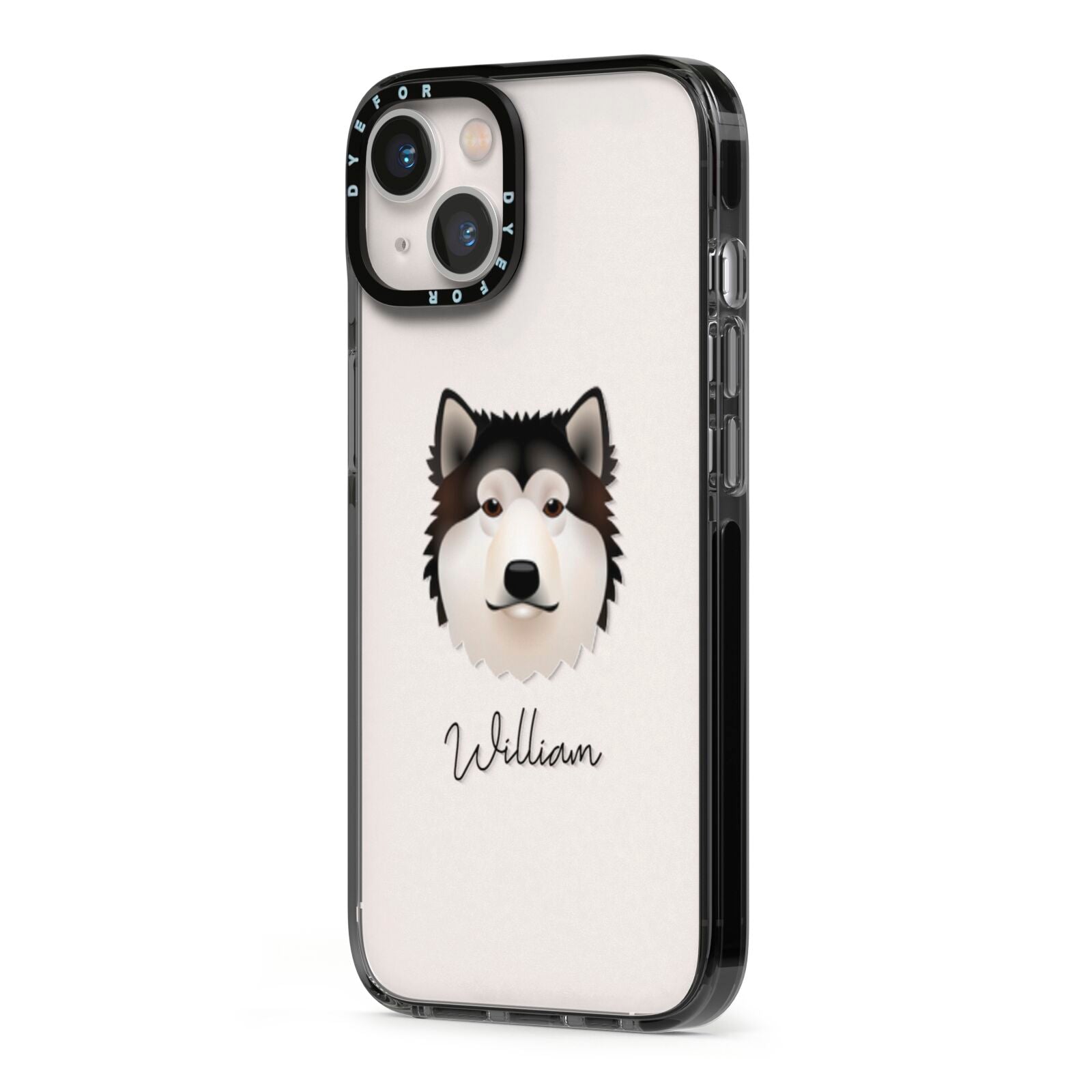 Alaskan Malamute Personalised iPhone 13 Black Impact Case Side Angle on Silver phone