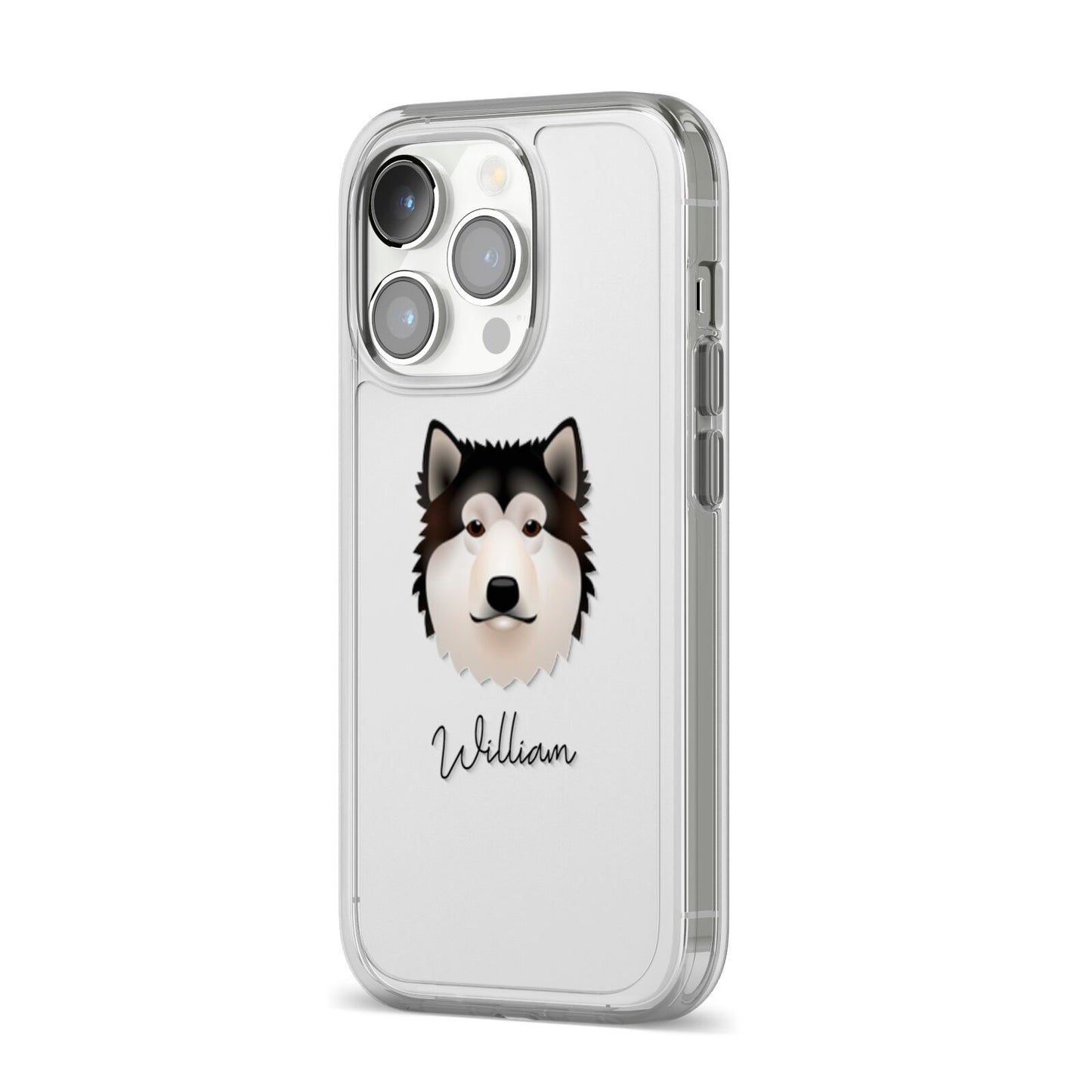 Alaskan Malamute Personalised iPhone 14 Pro Clear Tough Case Silver Angled Image