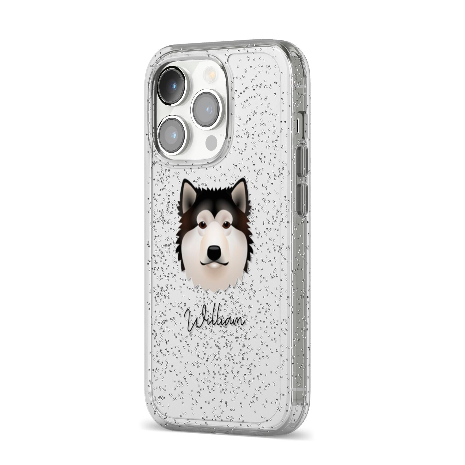 Alaskan Malamute Personalised iPhone 14 Pro Glitter Tough Case Silver Angled Image