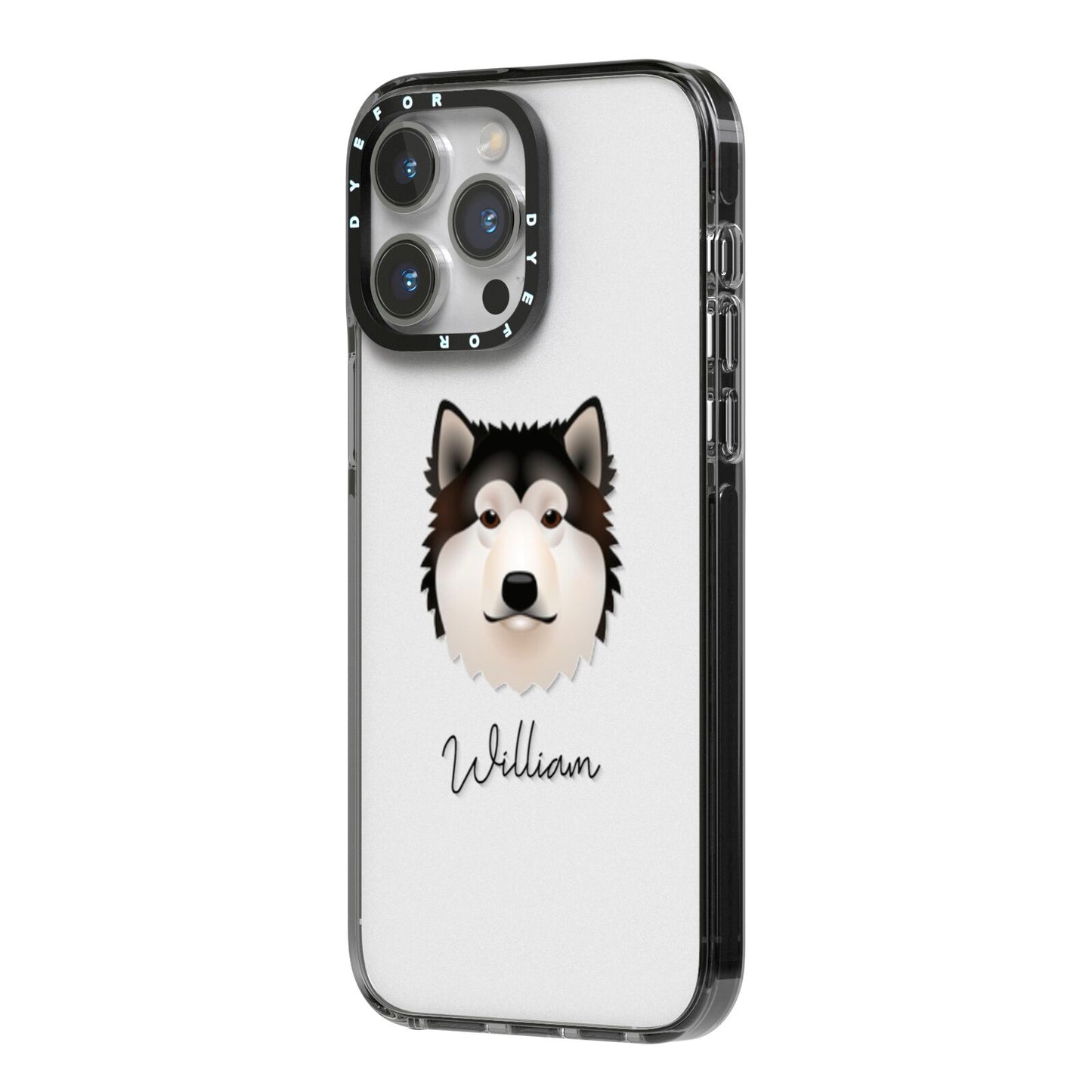Alaskan Malamute Personalised iPhone 14 Pro Max Black Impact Case Side Angle on Silver phone