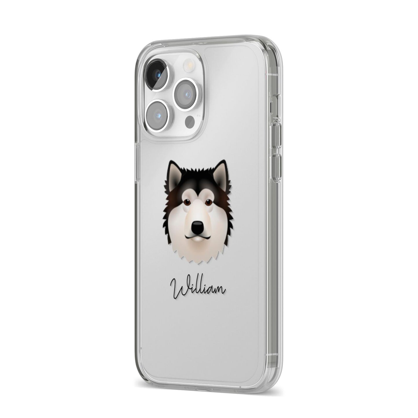 Alaskan Malamute Personalised iPhone 14 Pro Max Clear Tough Case Silver Angled Image