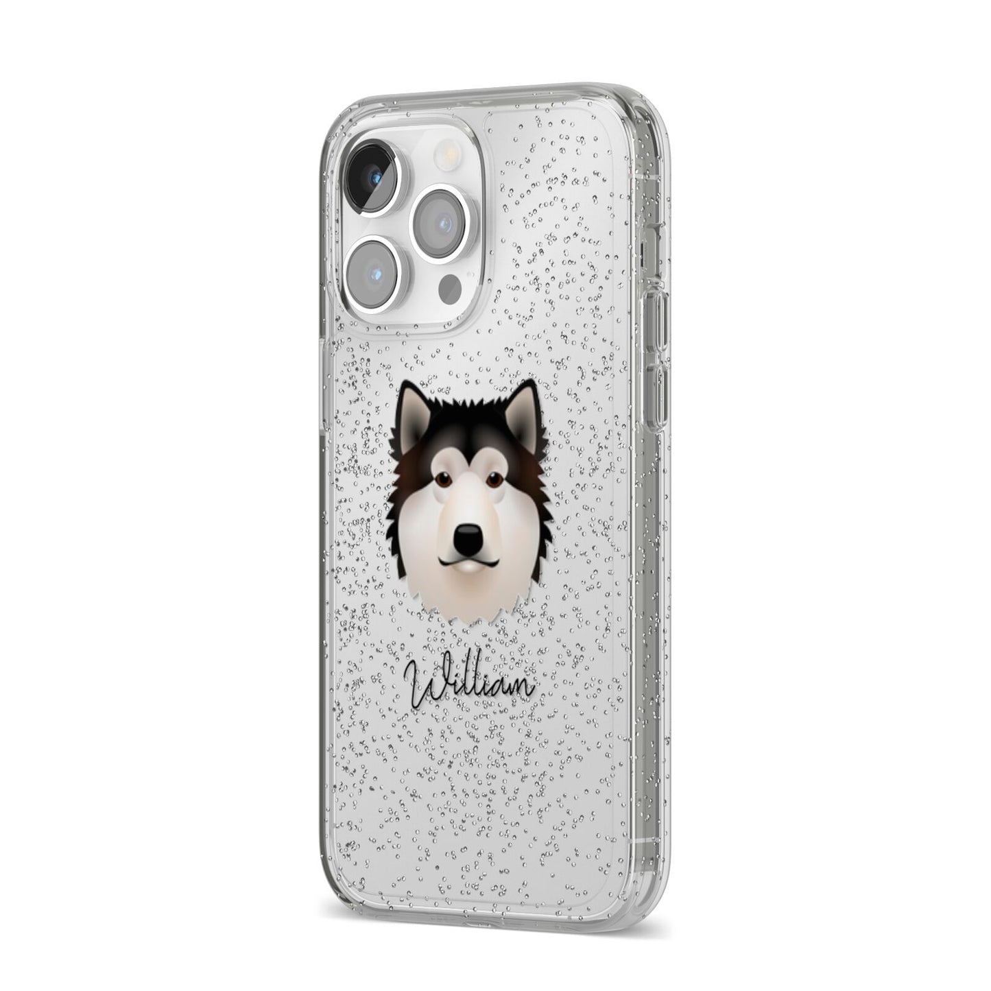Alaskan Malamute Personalised iPhone 14 Pro Max Glitter Tough Case Silver Angled Image