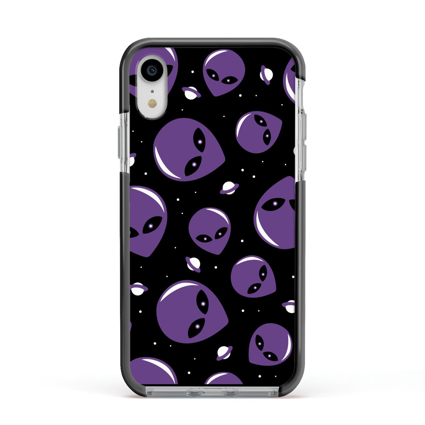 Alien Faces Apple iPhone XR Impact Case Black Edge on Silver Phone