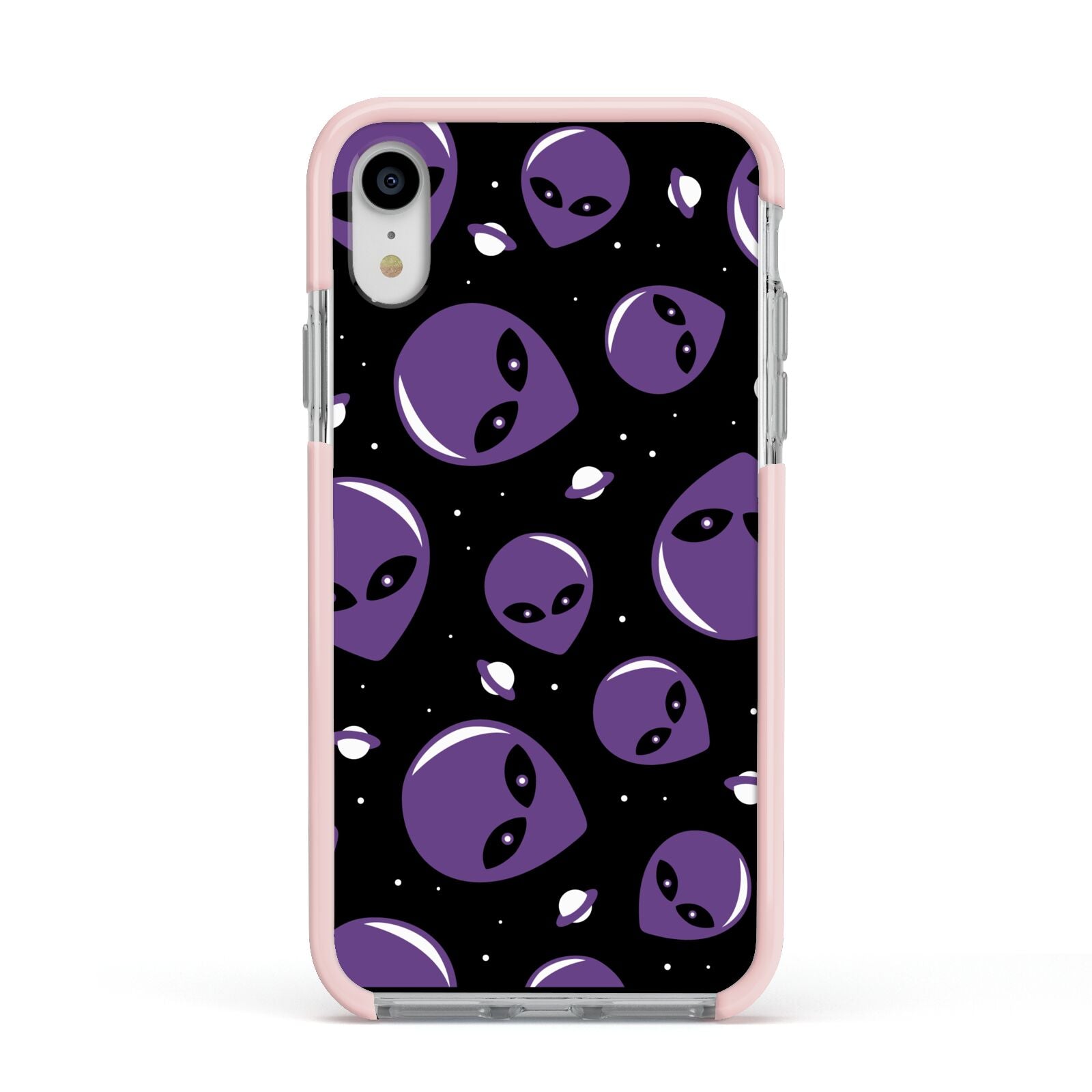 Alien Faces Apple iPhone XR Impact Case Pink Edge on Silver Phone