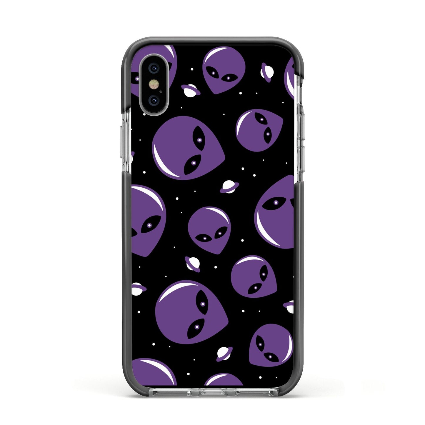 Alien Faces Apple iPhone Xs Impact Case Black Edge on Silver Phone