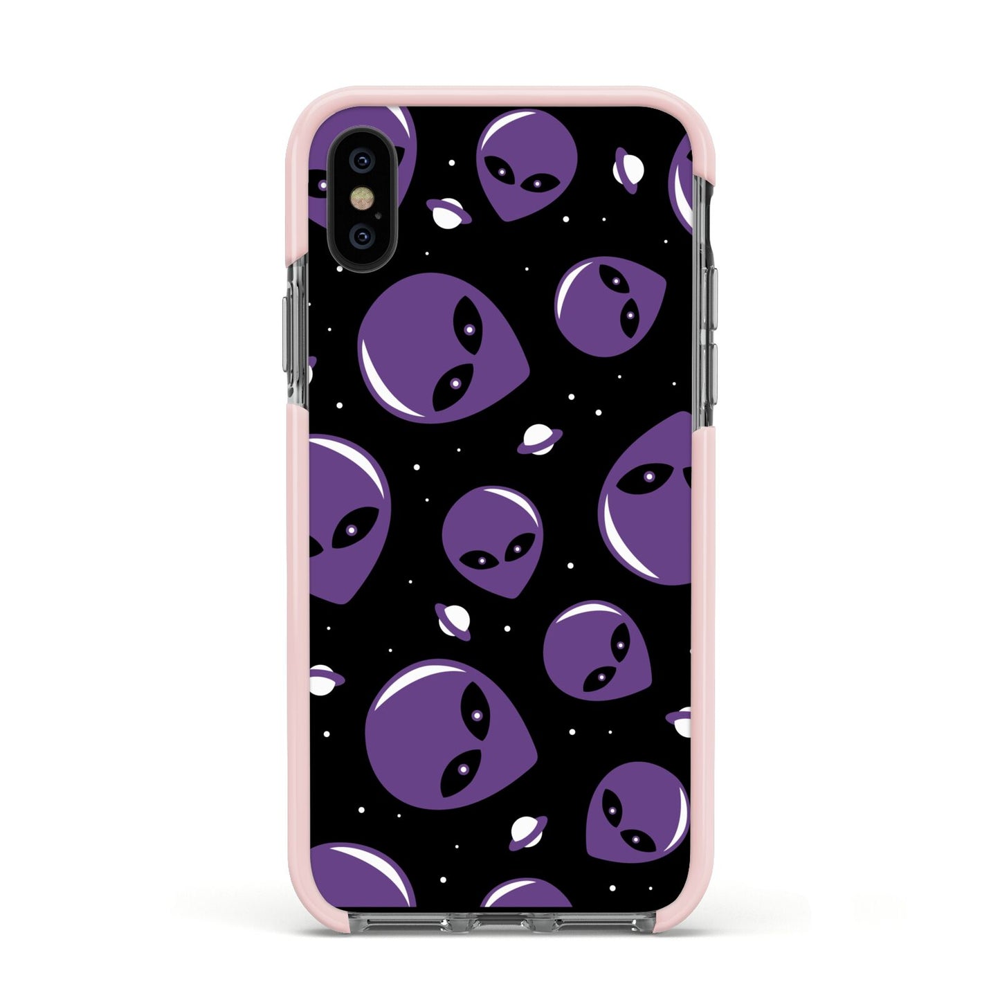 Alien Faces Apple iPhone Xs Impact Case Pink Edge on Black Phone