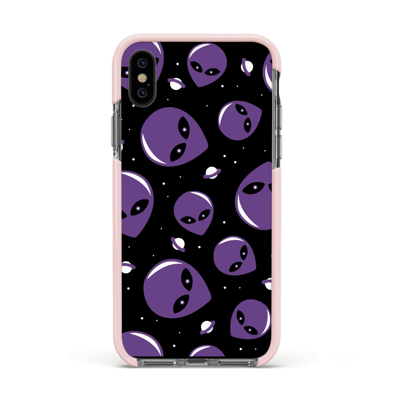 Alien Faces Apple iPhone Xs Impact Case Pink Edge on Black Phone