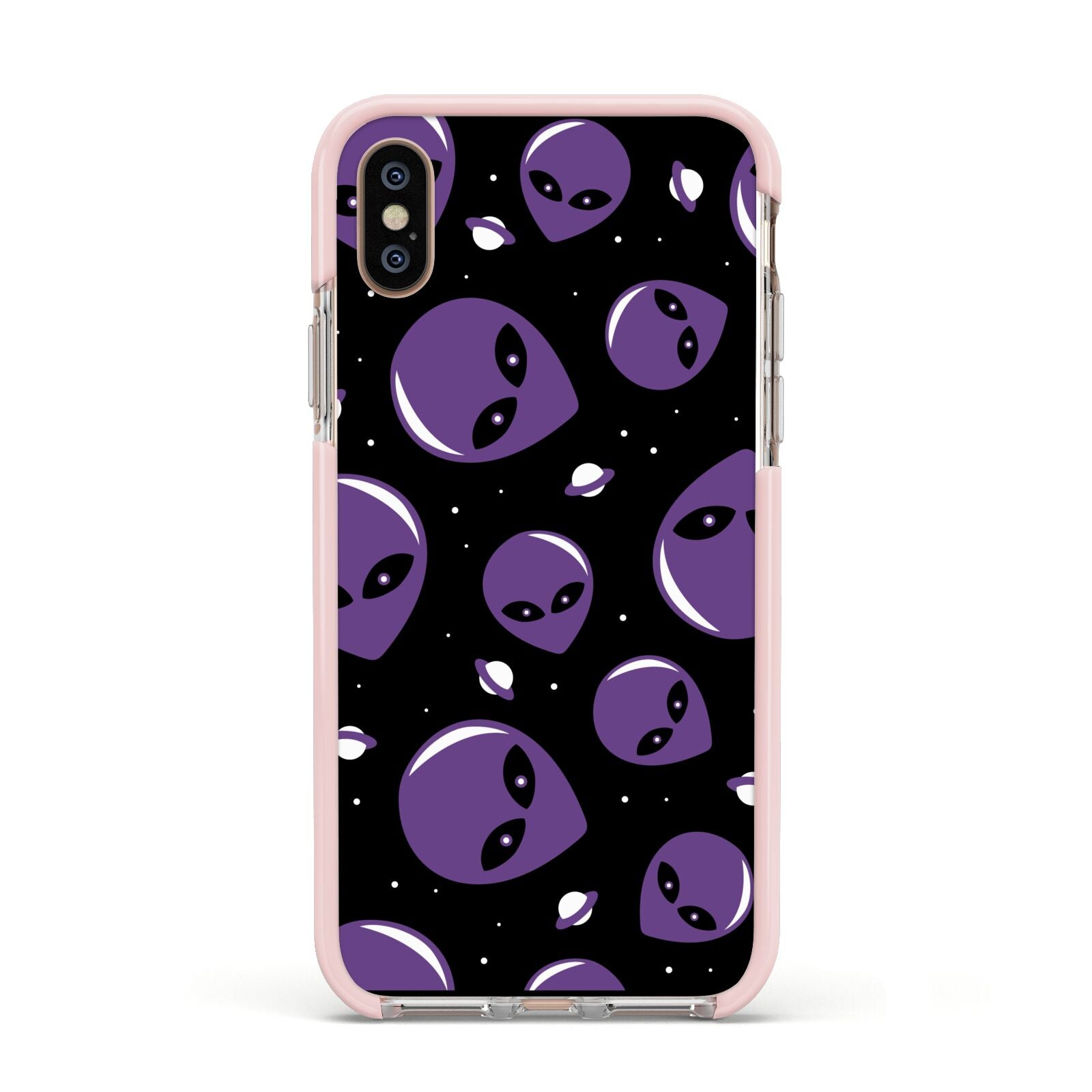 Alien Faces Apple iPhone Xs Impact Case Pink Edge on Gold Phone