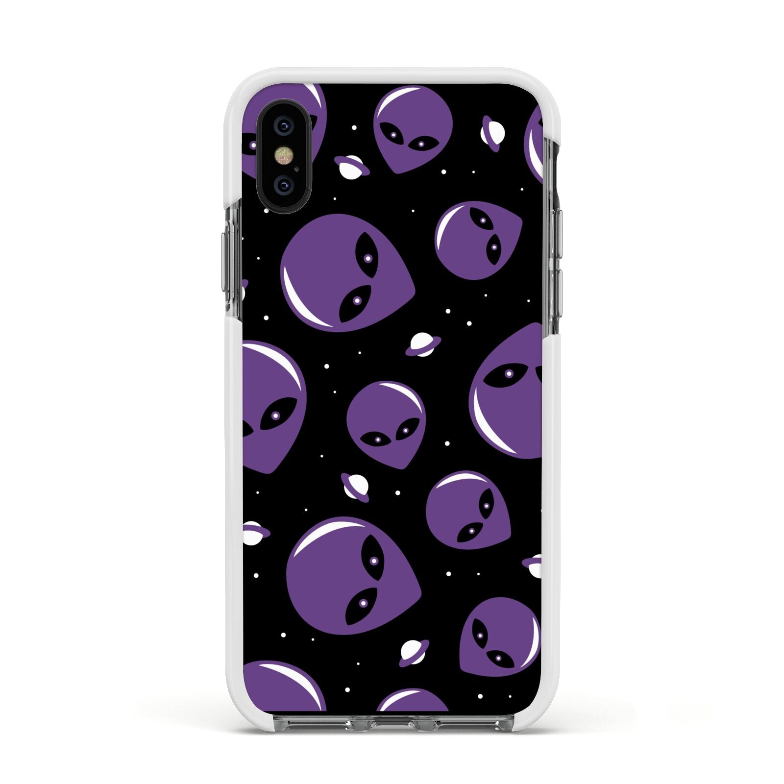 Alien Faces Apple iPhone Xs Impact Case White Edge on Black Phone